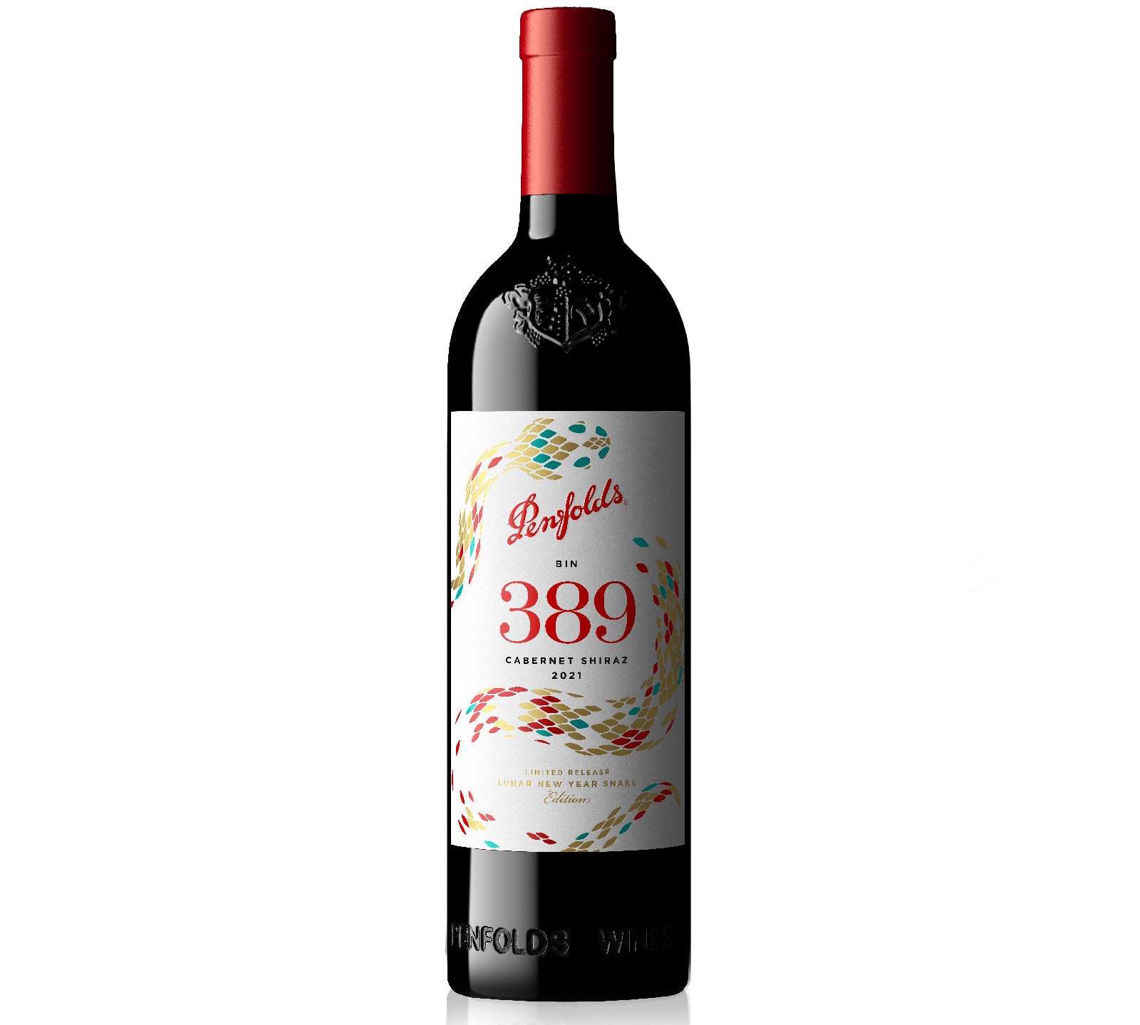 A bottle of Penfolds Bin 389 Cabernet Shiraz wine with a decorative label featuring red and blue elements against a white background.