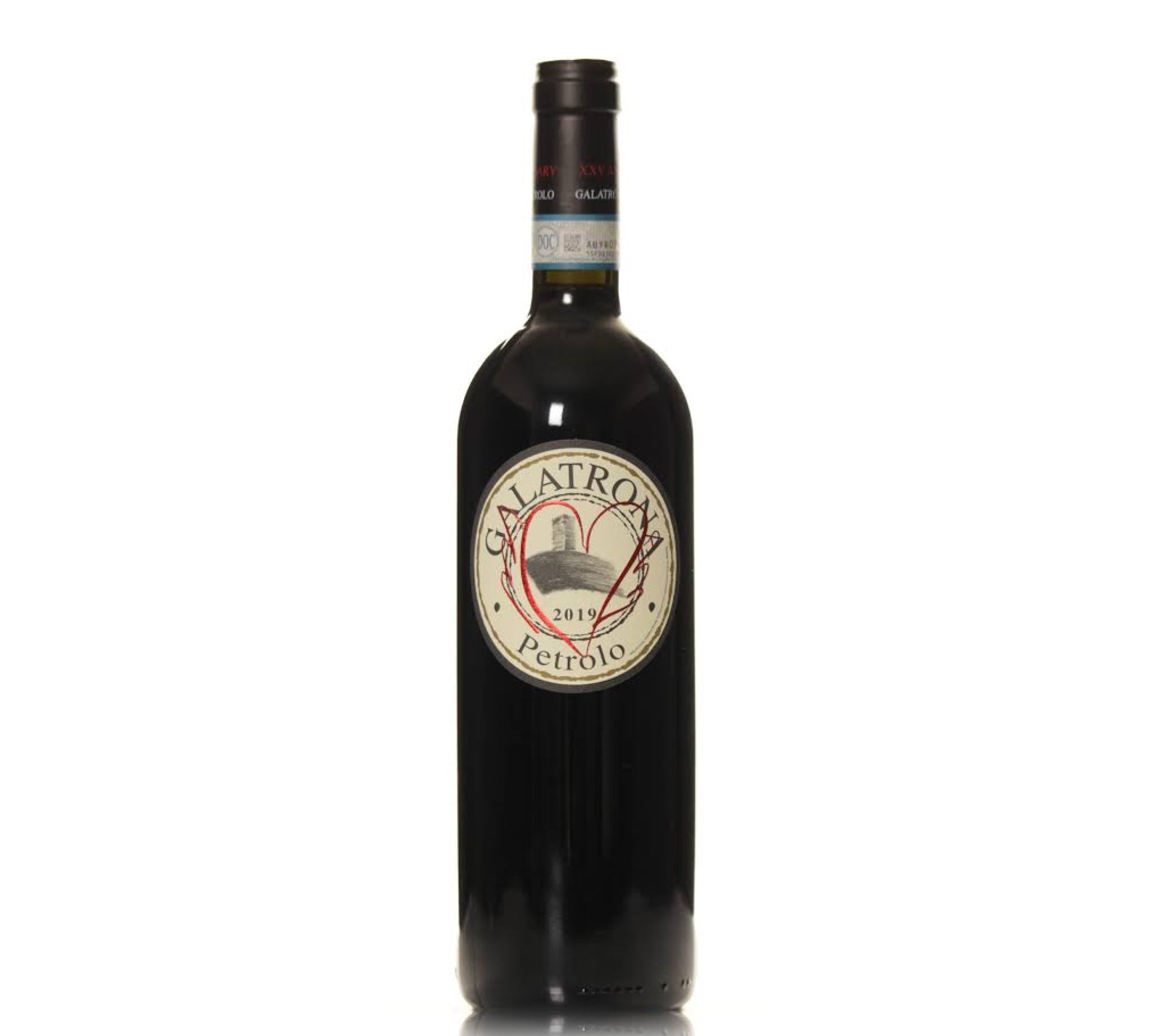 A bottle of Petrolo Galatrona 2019 red wine.