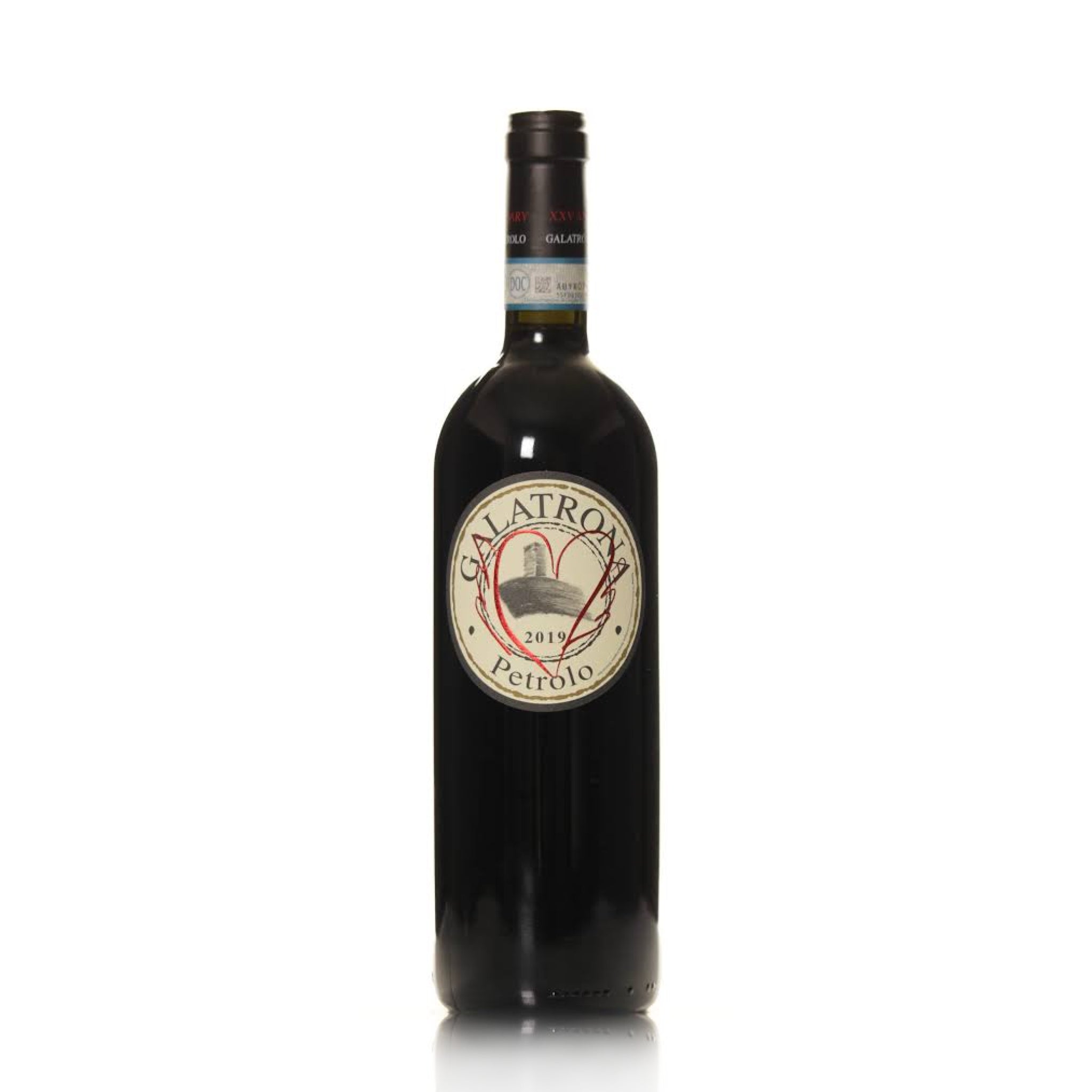 A bottle of Petrolo Galatrona 2019 red wine.