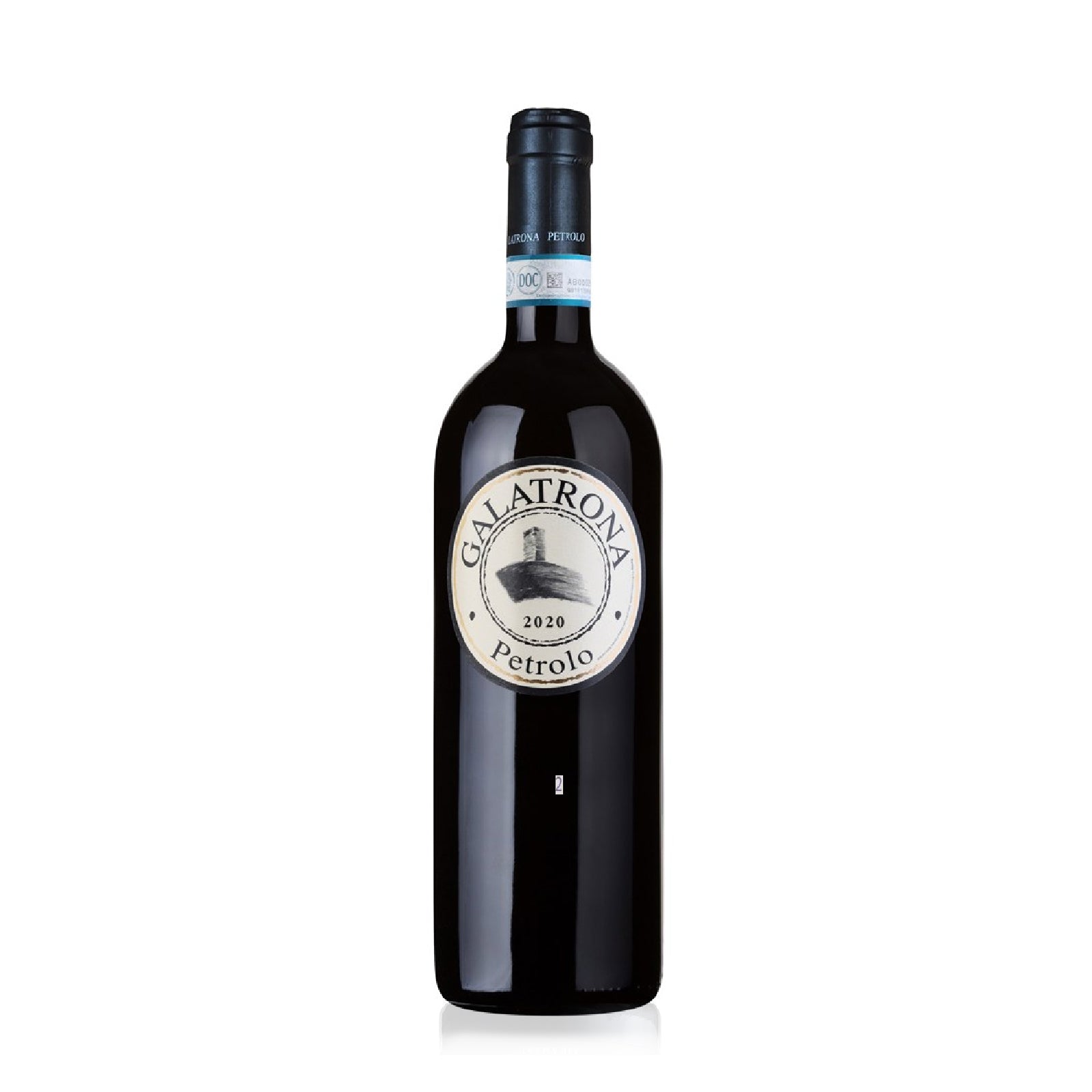 A bottle of Petrolo Galatrona Valdarno di Sopra 2020 red wine with a label that includes the name of the wine and the vintage year.