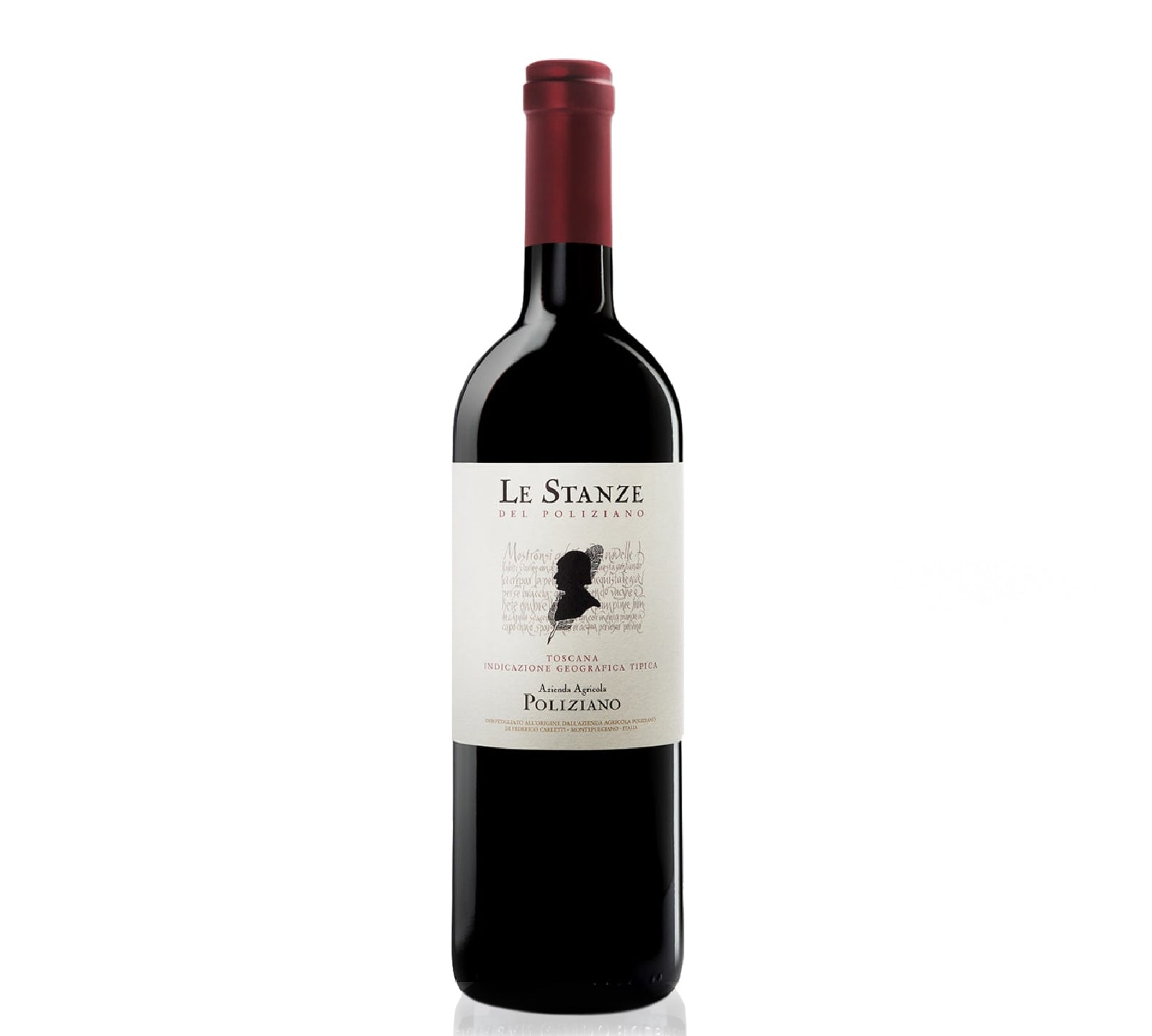 Bottle of Poliziano Le Stanze IGT 750ml, an Italian red wine with aromas of dark berries, cherries, and spices, offering a full-bodied, smooth, and elegant palate.