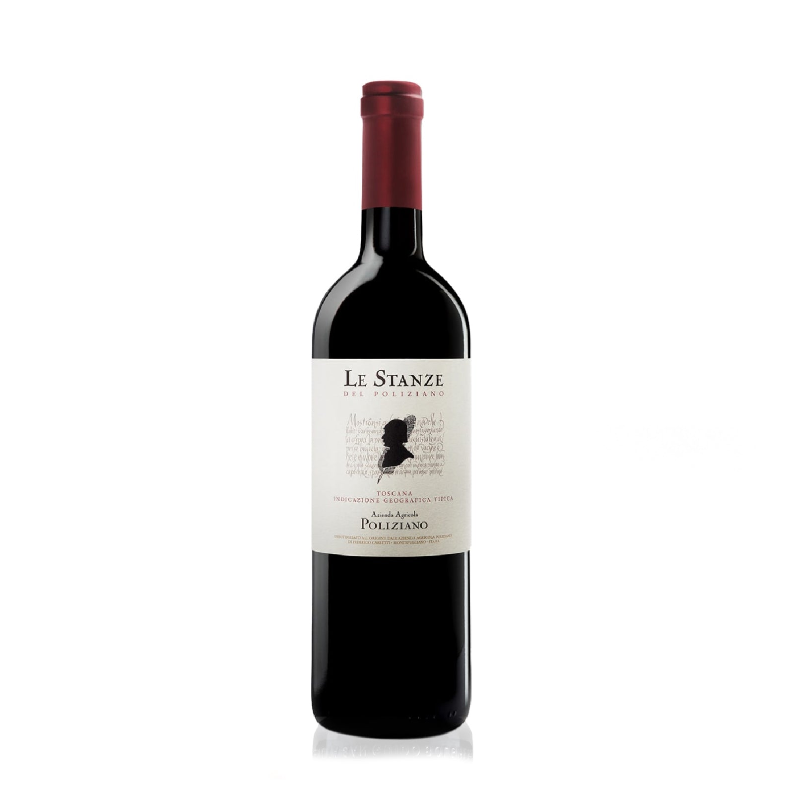 Bottle of Poliziano Le Stanze IGT 750ml, an Italian red wine with aromas of dark berries, cherries, and spices, offering a full-bodied, smooth, and elegant palate.