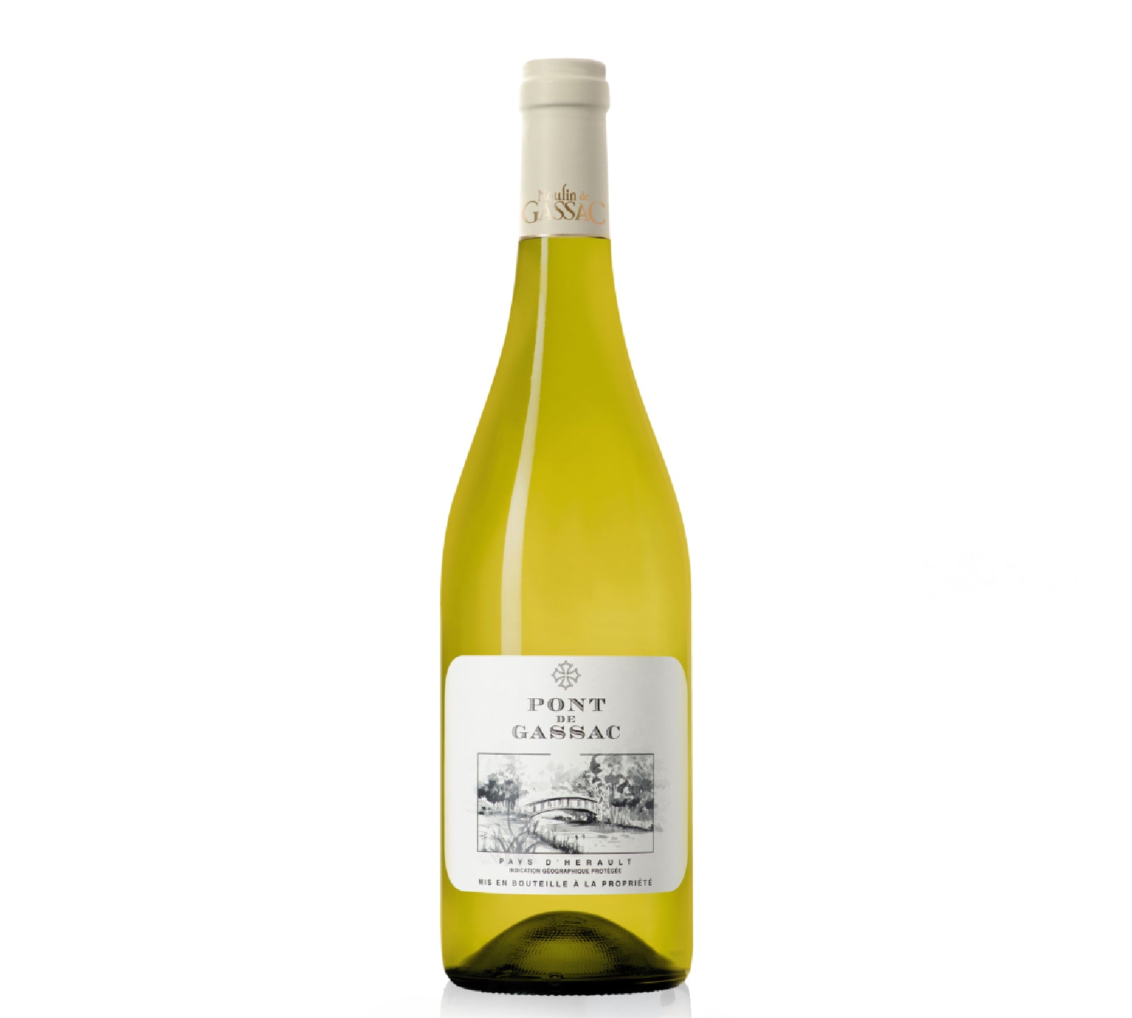 Bottle of Pont de Gassac Pays d’Hérault Blanc with citrus, green apple, and floral notes.