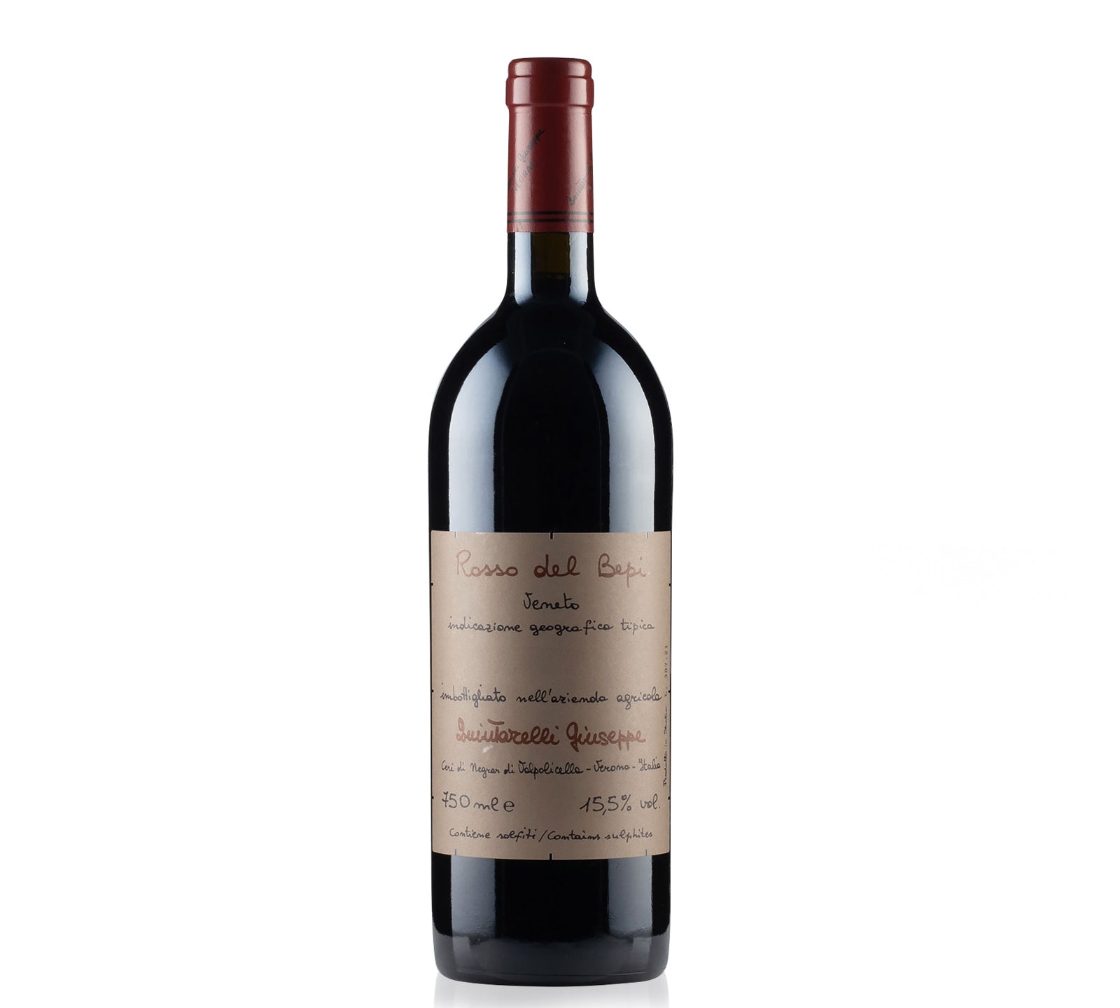A bottle of Quintarelli Rosso Del Bepi wine with a label featuring Italian text and the brand's logo.