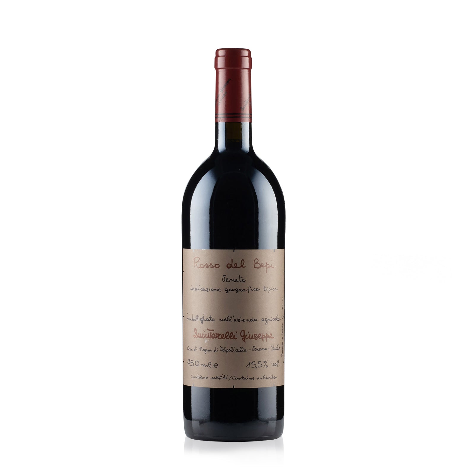 A bottle of Quintarelli Rosso Del Bepi wine with a label featuring Italian text and the brand's logo.