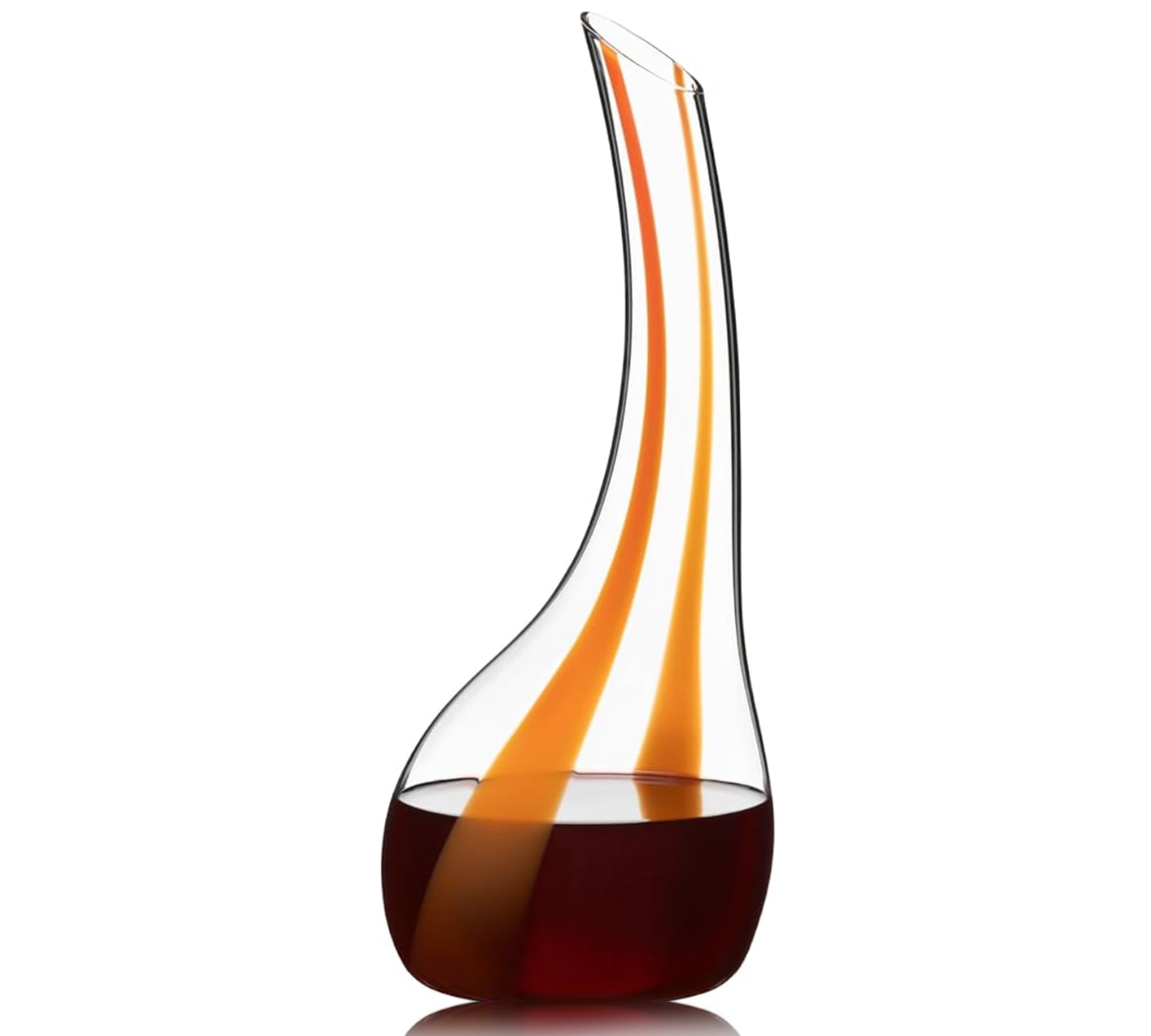 Riedel Glass decanter with orange and black design on a white background