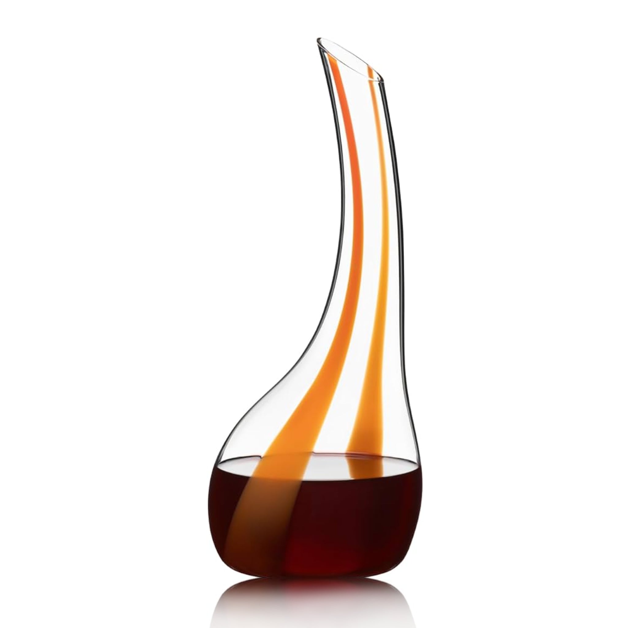 Riedel Glass decanter with orange and black design on a white background