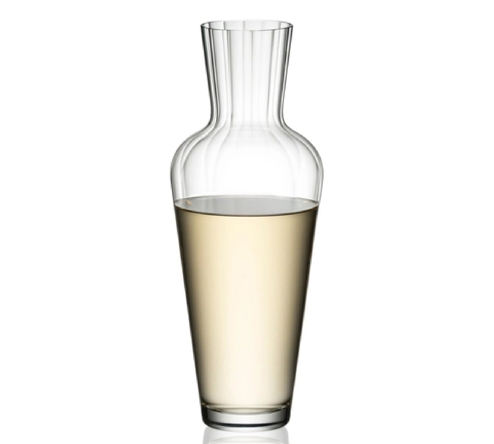 A clear crystal glass Riedel decanter designed for single bottle wine, with a slim body and a round bottom.