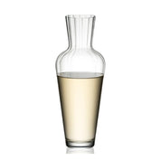 A clear crystal glass Riedel decanter designed for single bottle wine, with a slim body and a round bottom.