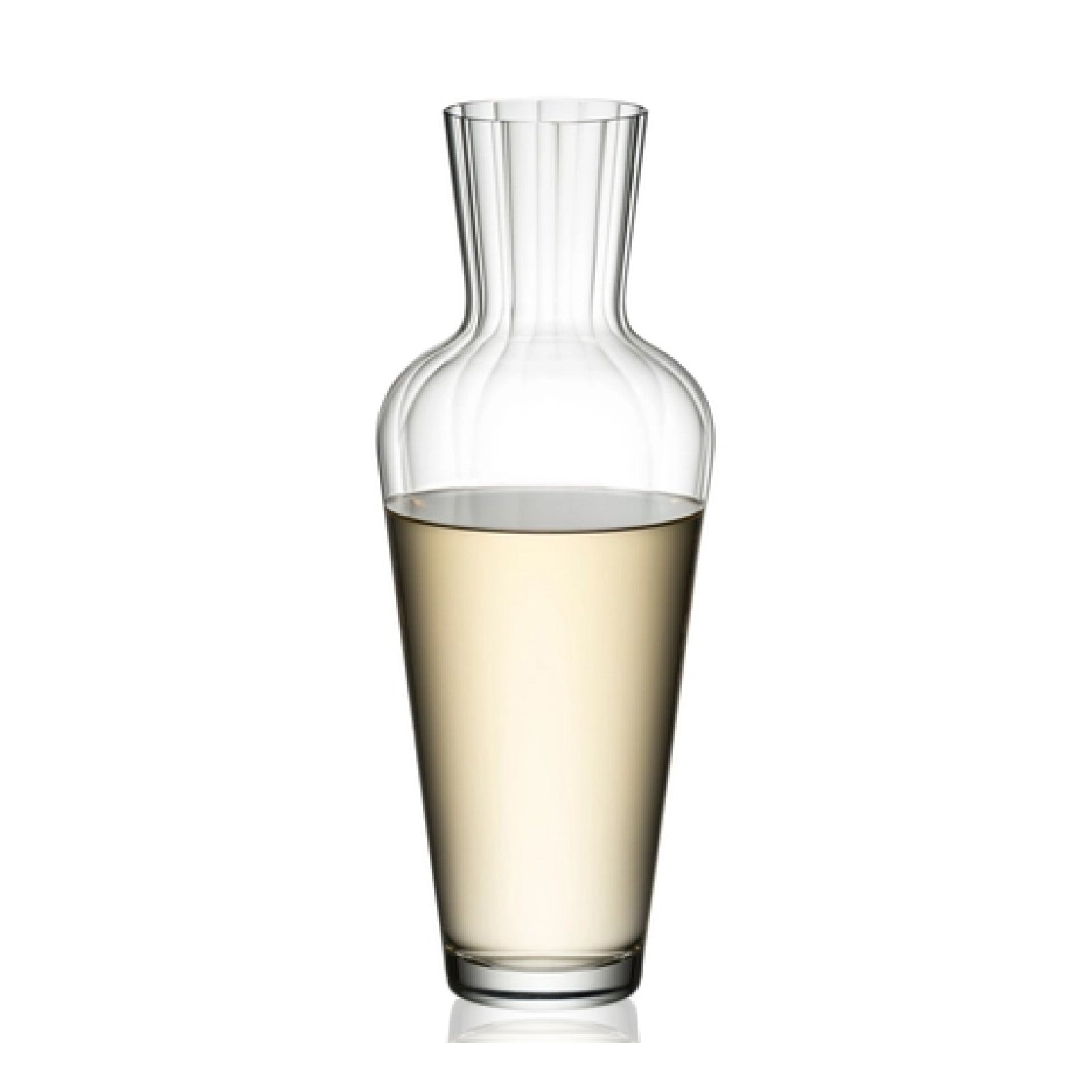 A clear crystal glass Riedel decanter designed for single bottle wine, with a slim body and a round bottom.