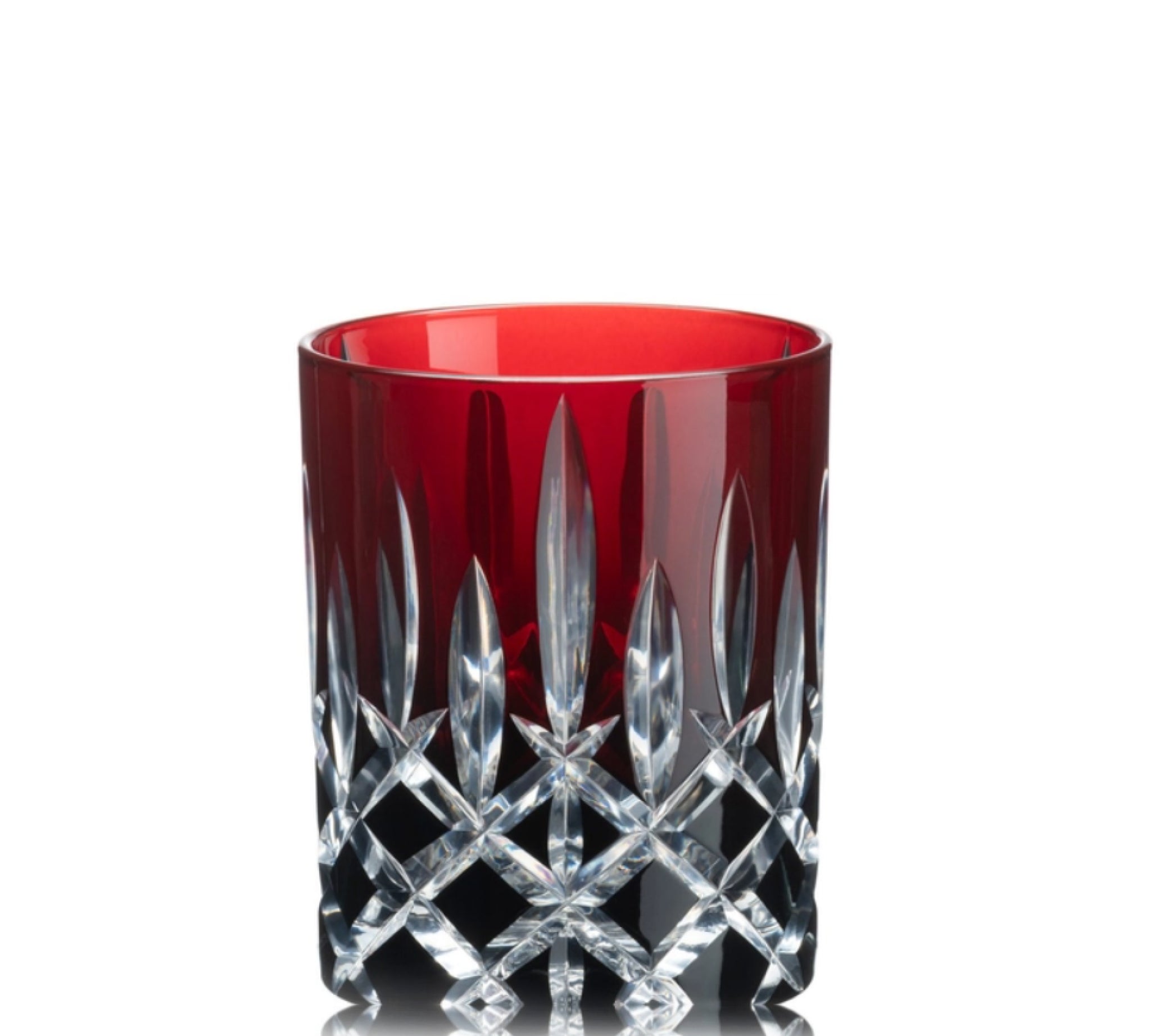 Cylindrical glass with red interior and clear cut patterns on a white background