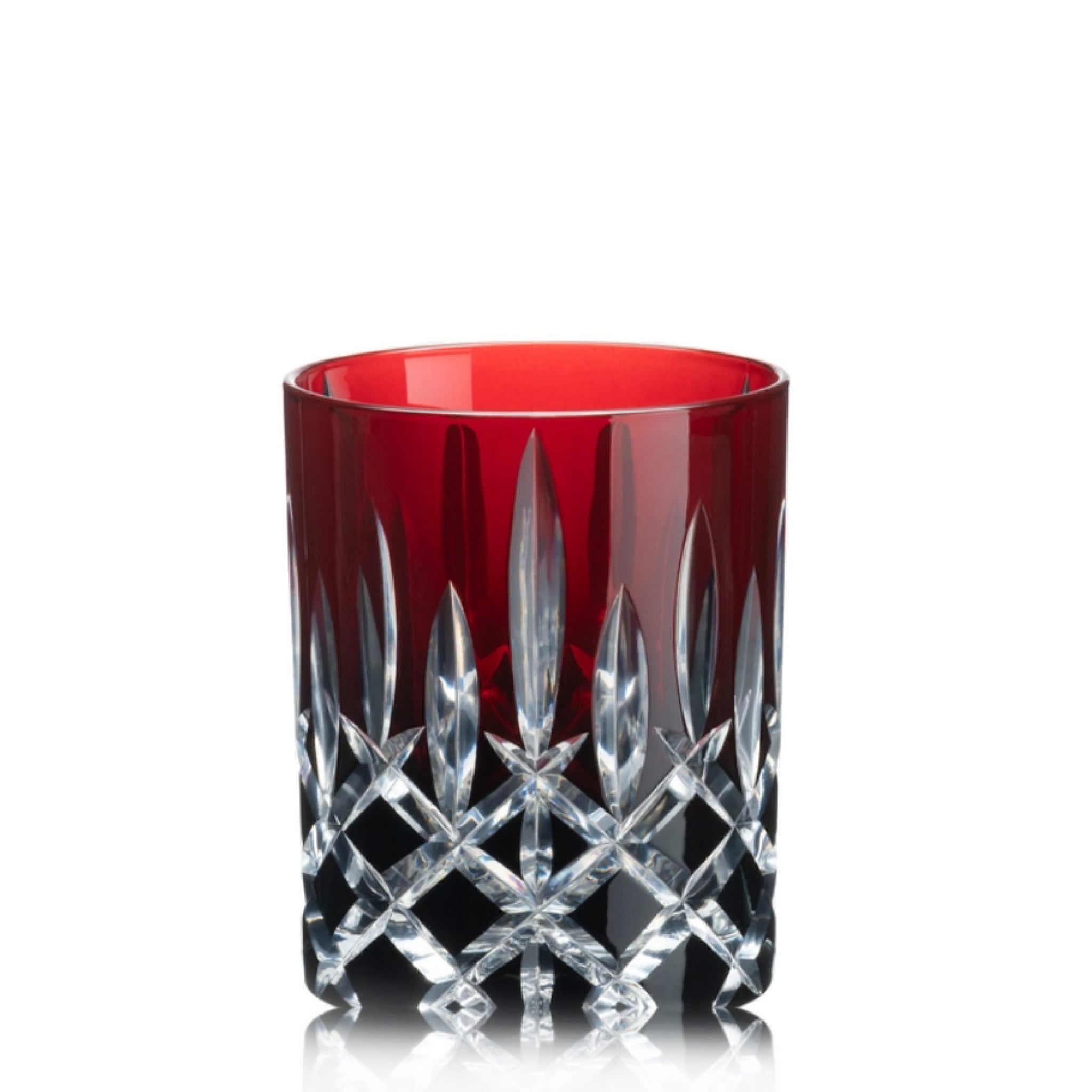 Cylindrical glass with red interior and clear cut patterns on a white background