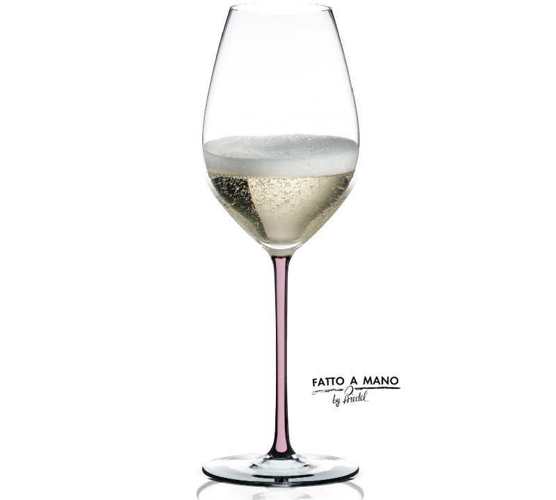 Wine glass with a pink stem on a white background, featuring 'Fatto a Mano' branding.