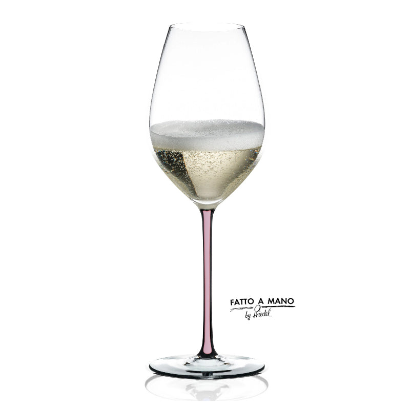 Wine glass with a pink stem on a white background, featuring 'Fatto a Mano' branding.