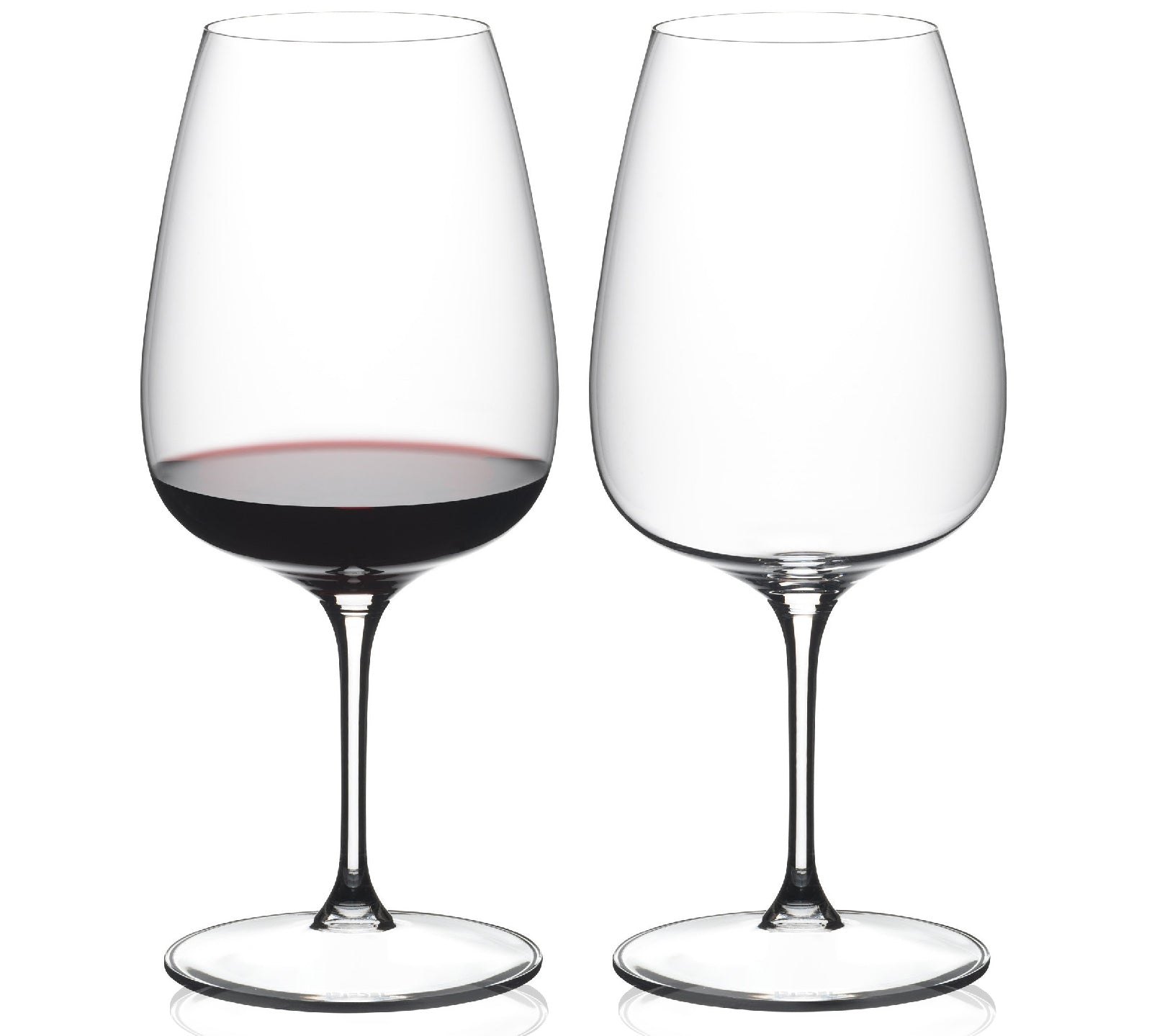 Two Riedel wine glasses with red wine on a white background