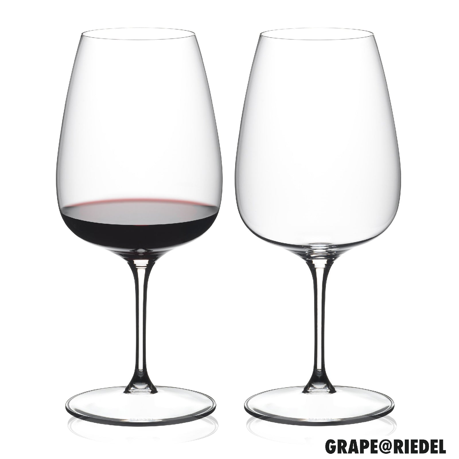 Two Riedel wine glasses with red wine on a white background