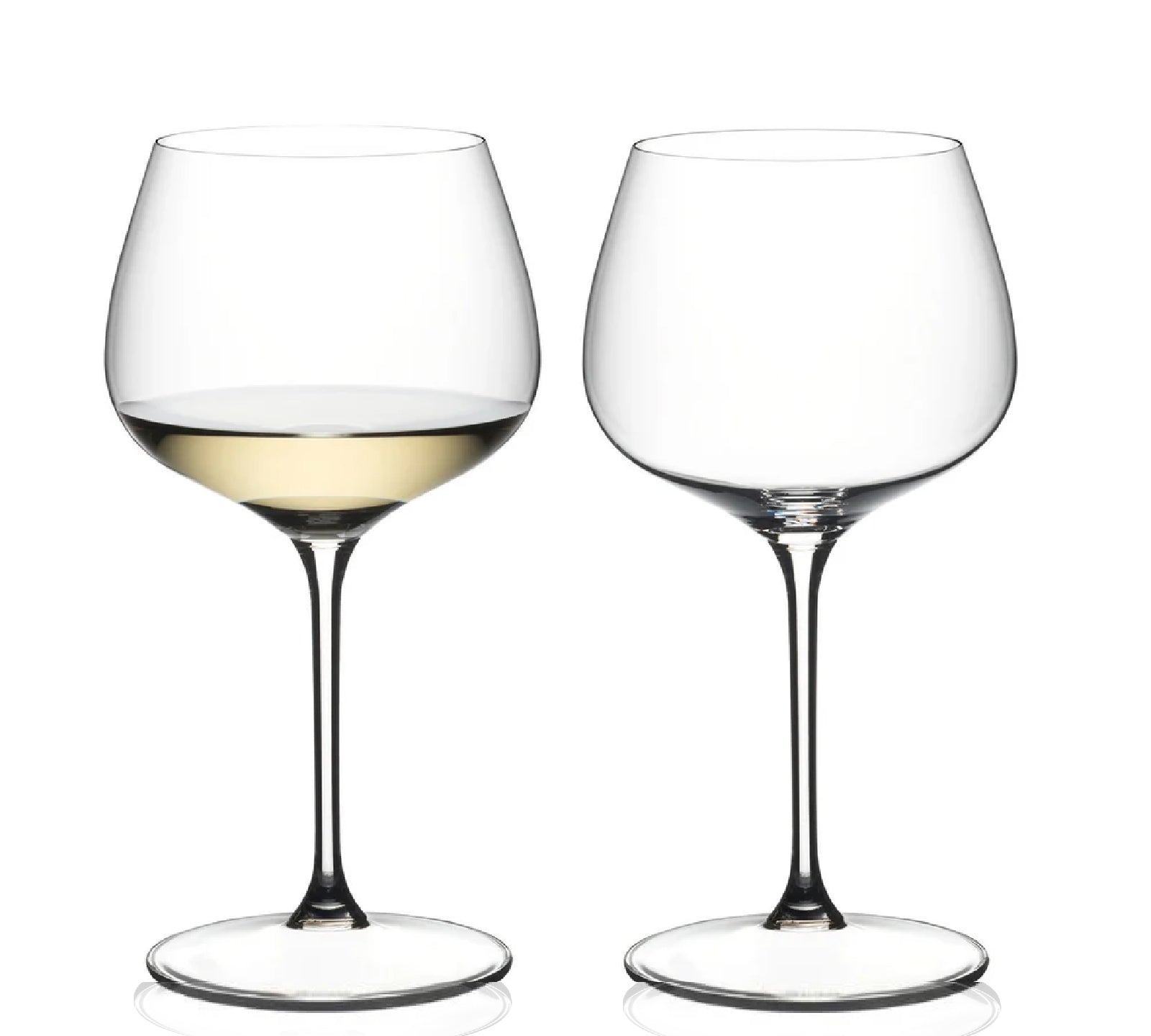 Two wine glasses with white wine on a white background, featuring the Riedel brand.
