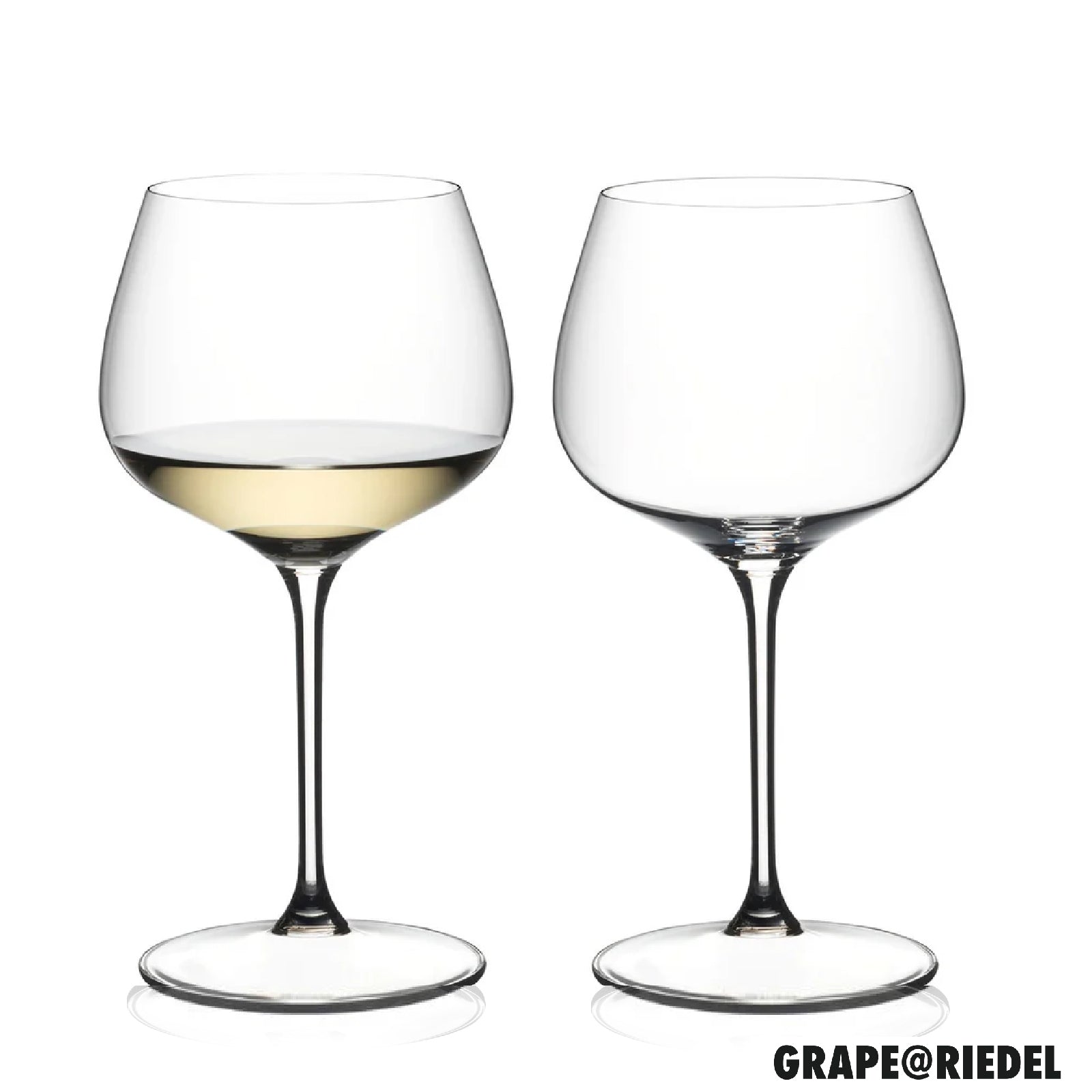 Two wine glasses with white wine on a white background, featuring the Riedel brand.