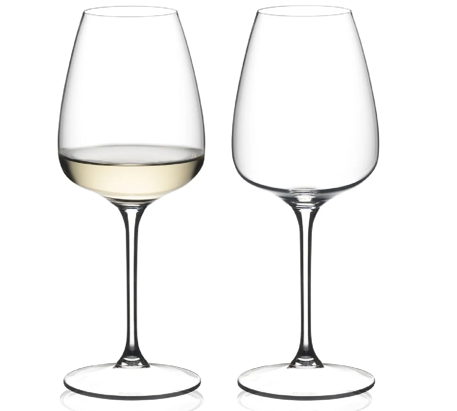 Two wine glasses, one filled with white wine, on a white background with 'GRAPE@RIEDEL' branding.