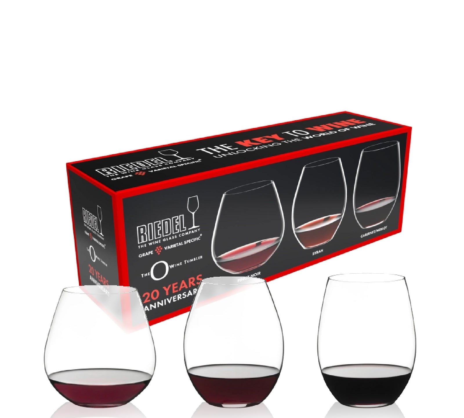 Set of three elegant wine tumblers by Riedel, designed to enhance aromas and flavours with a modern, stemless profile. Presented in a gift box.