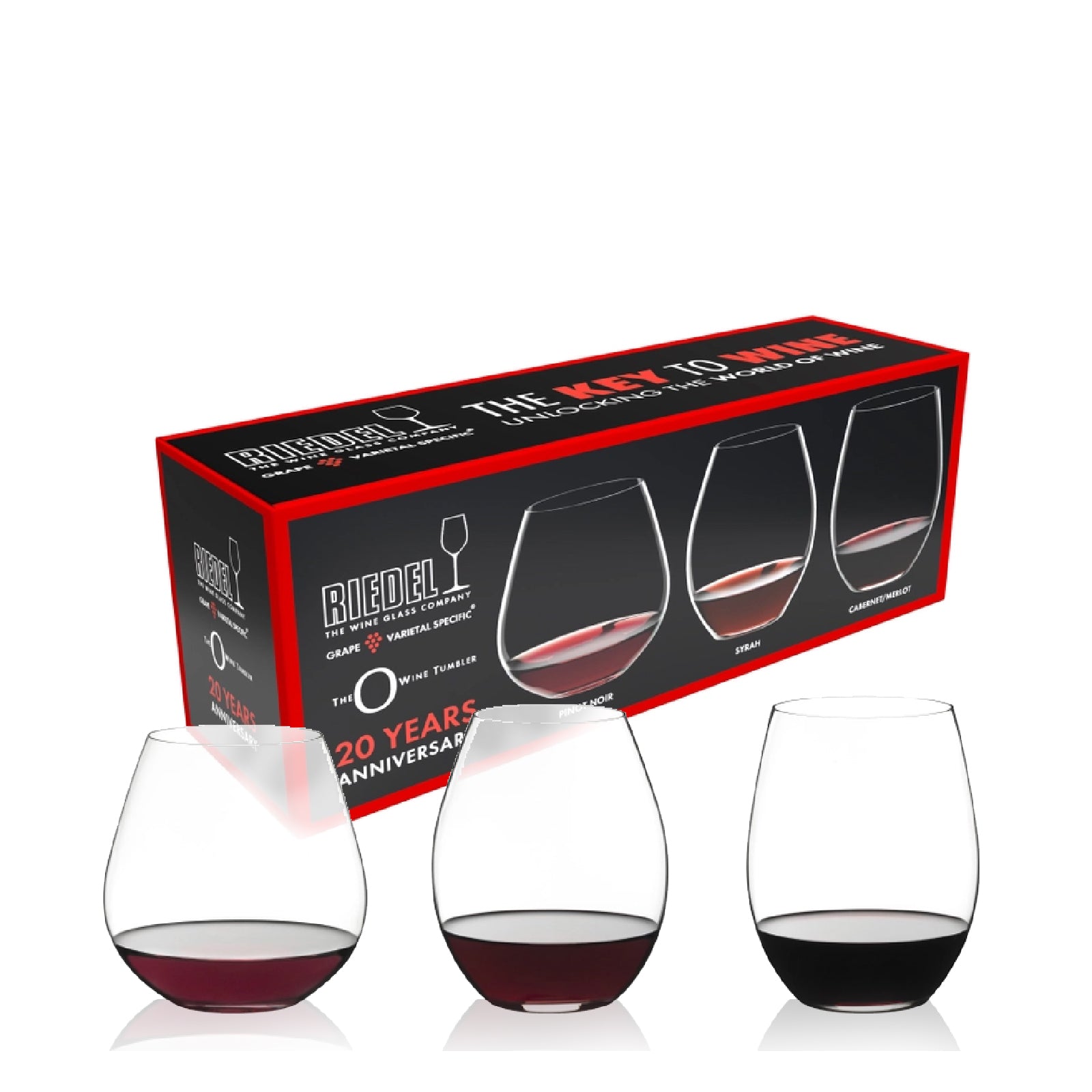 Set of three elegant wine tumblers by Riedel, designed to enhance aromas and flavours with a modern, stemless profile. Presented in a gift box.