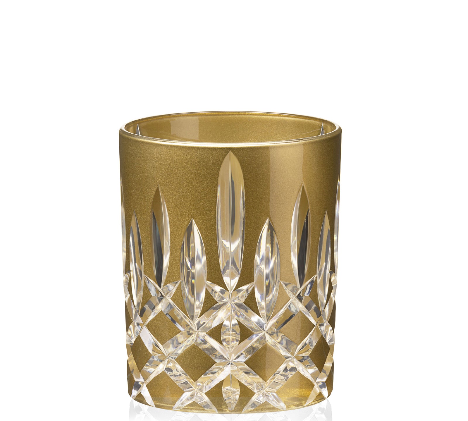Gold glass tumbler with crystal cut design on a white background