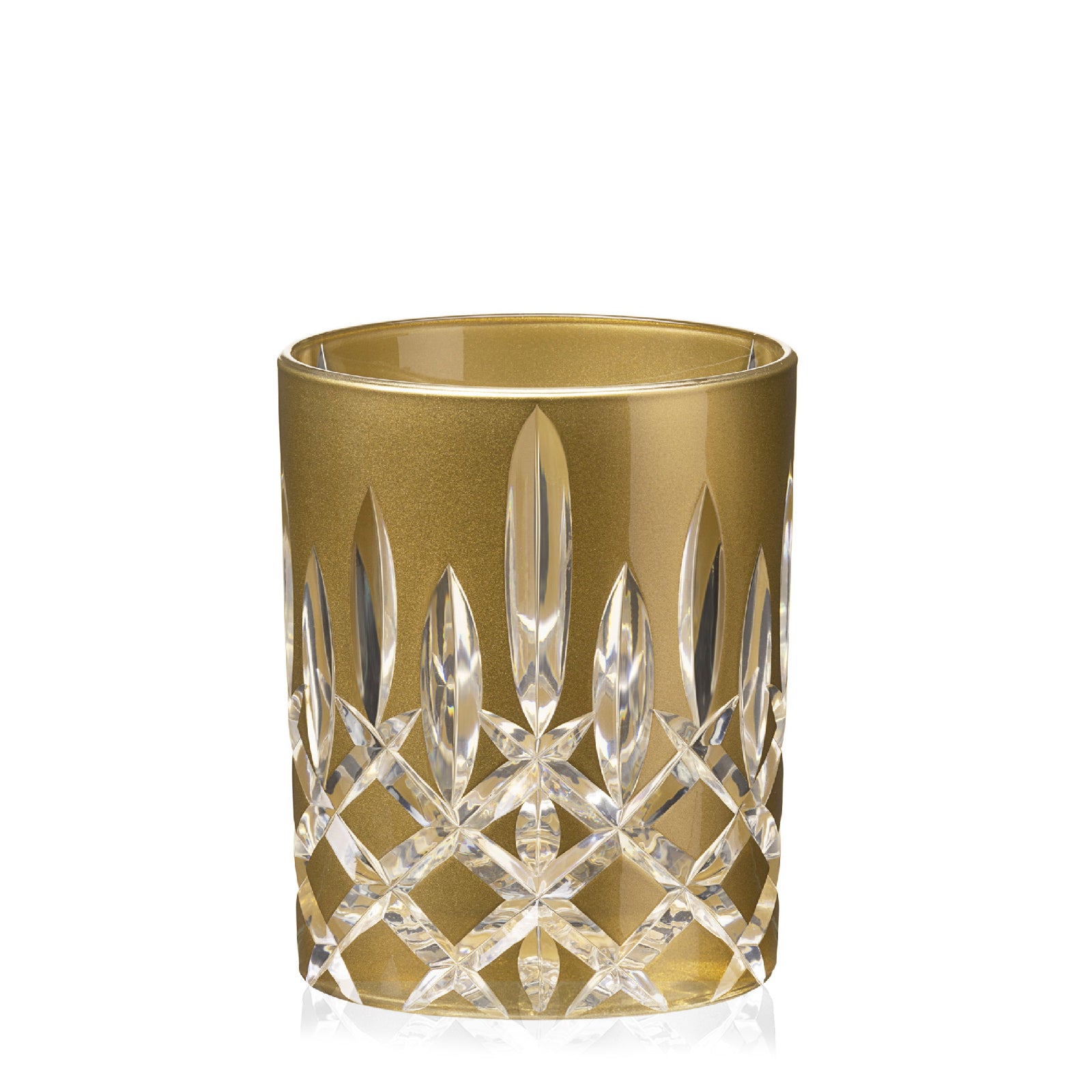 Gold glass tumbler with crystal cut design on a white background