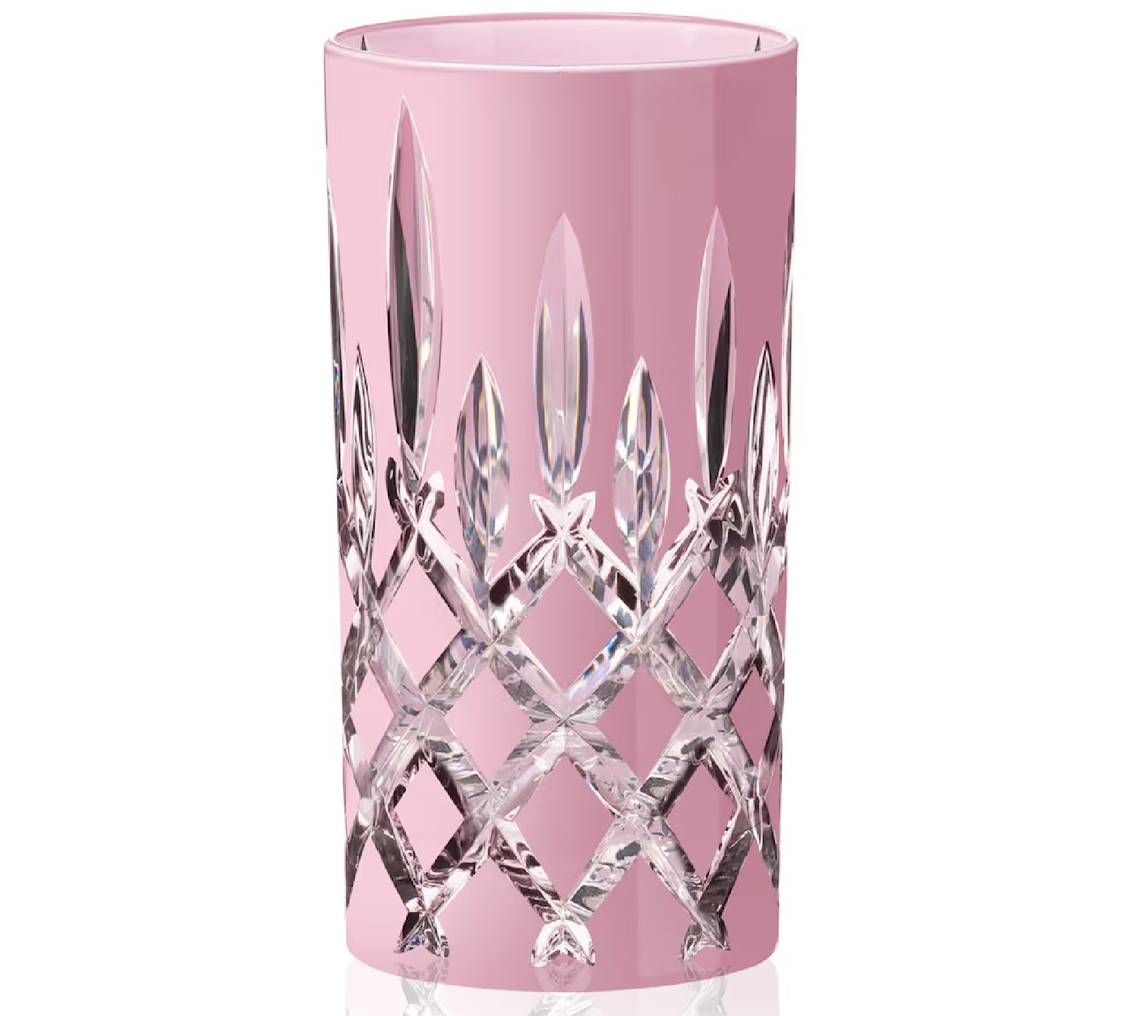 Pink glass vase with crystal lattice design on a white background