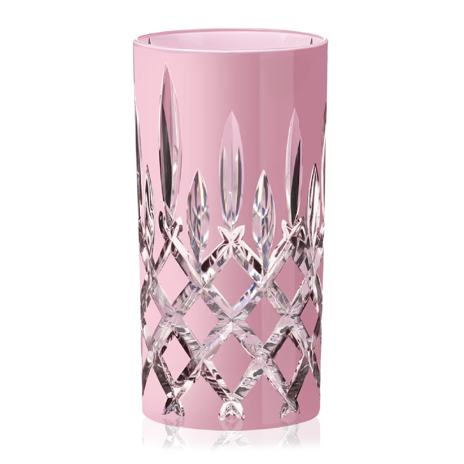Pink glass vase with crystal lattice design on a white background