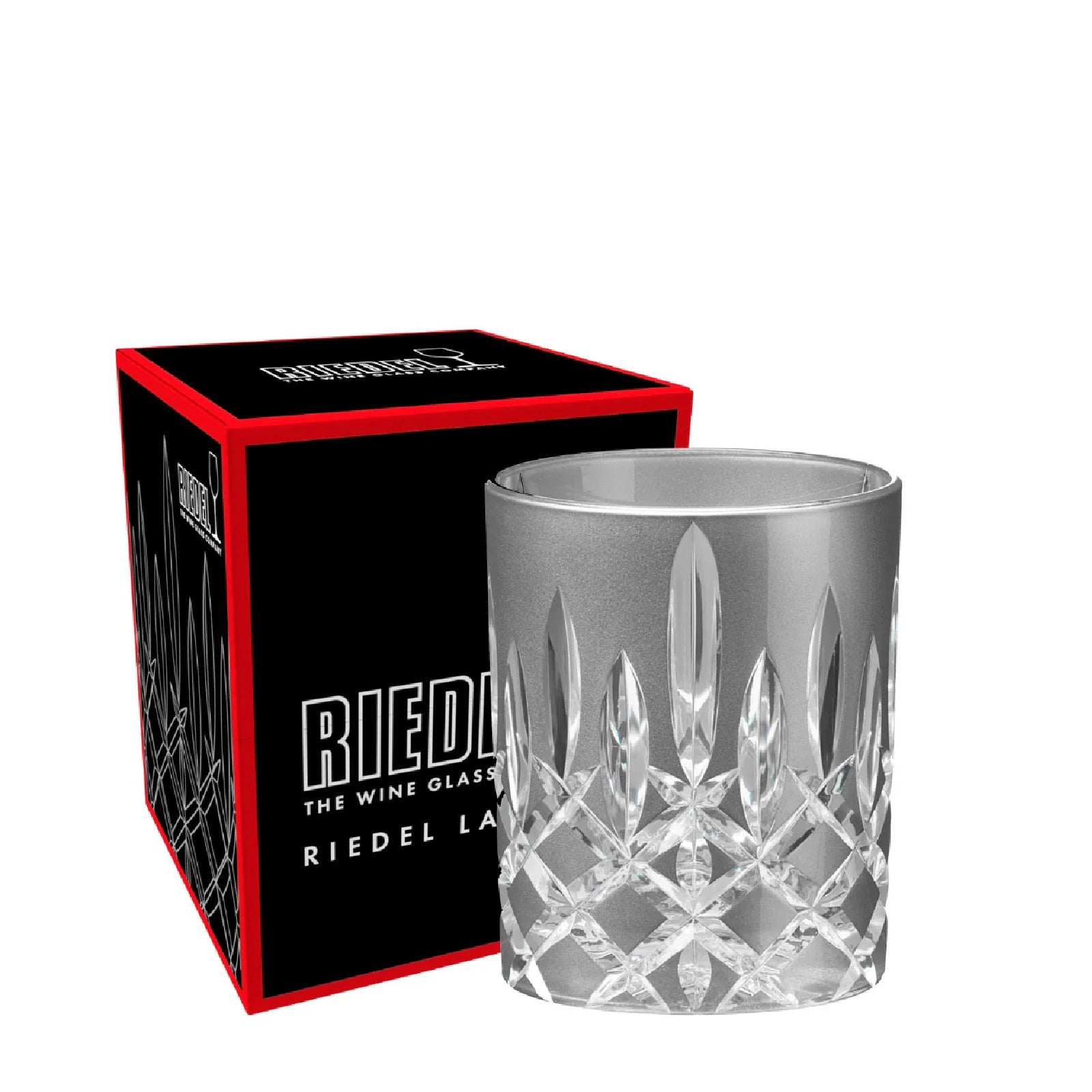 Crystal glass with Riedel branding and packaging on a white background