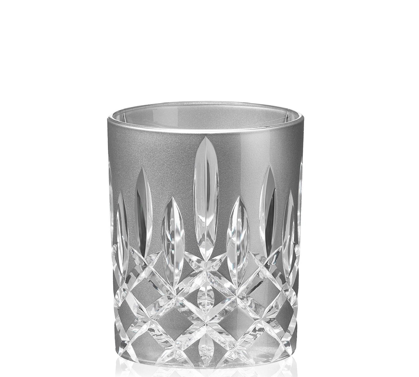 Crystal tumbler with intricate cut design on a white background