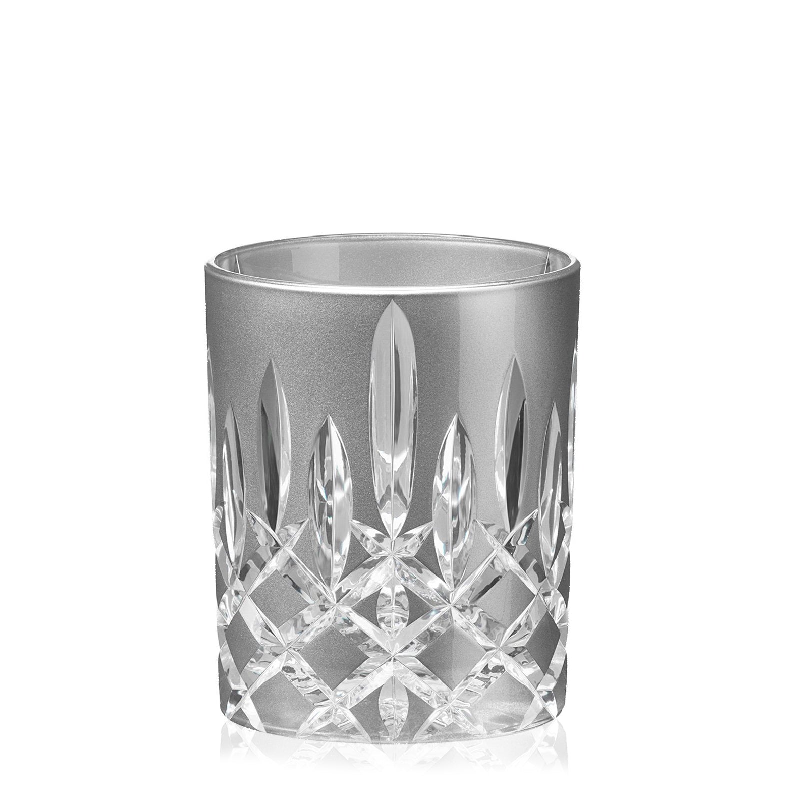 Crystal tumbler with intricate cut design on a white background