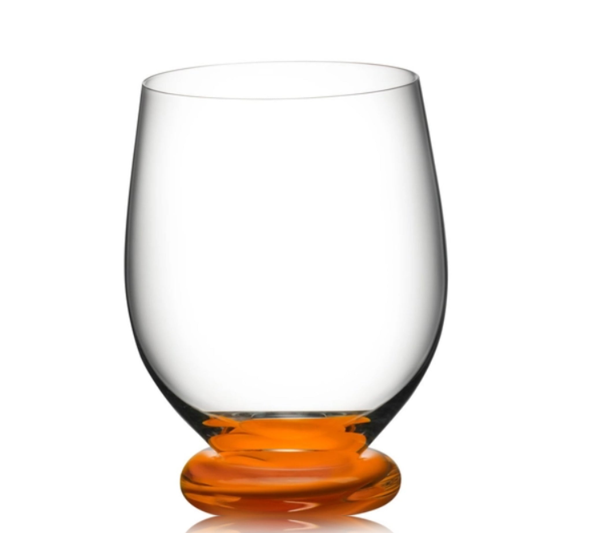 Clear riedel glass with an orange base on a white background