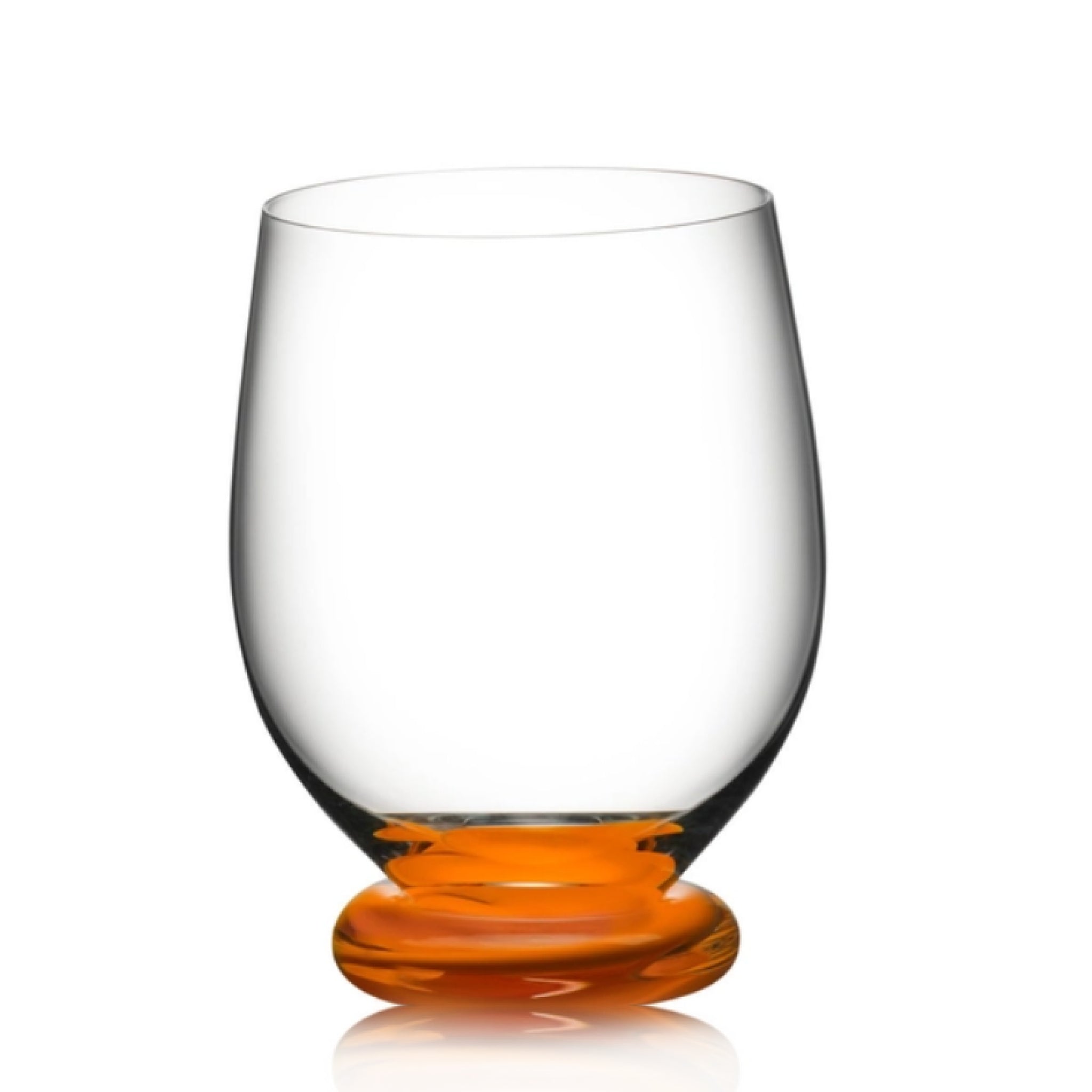 Clear riedel glass with an orange base on a white background