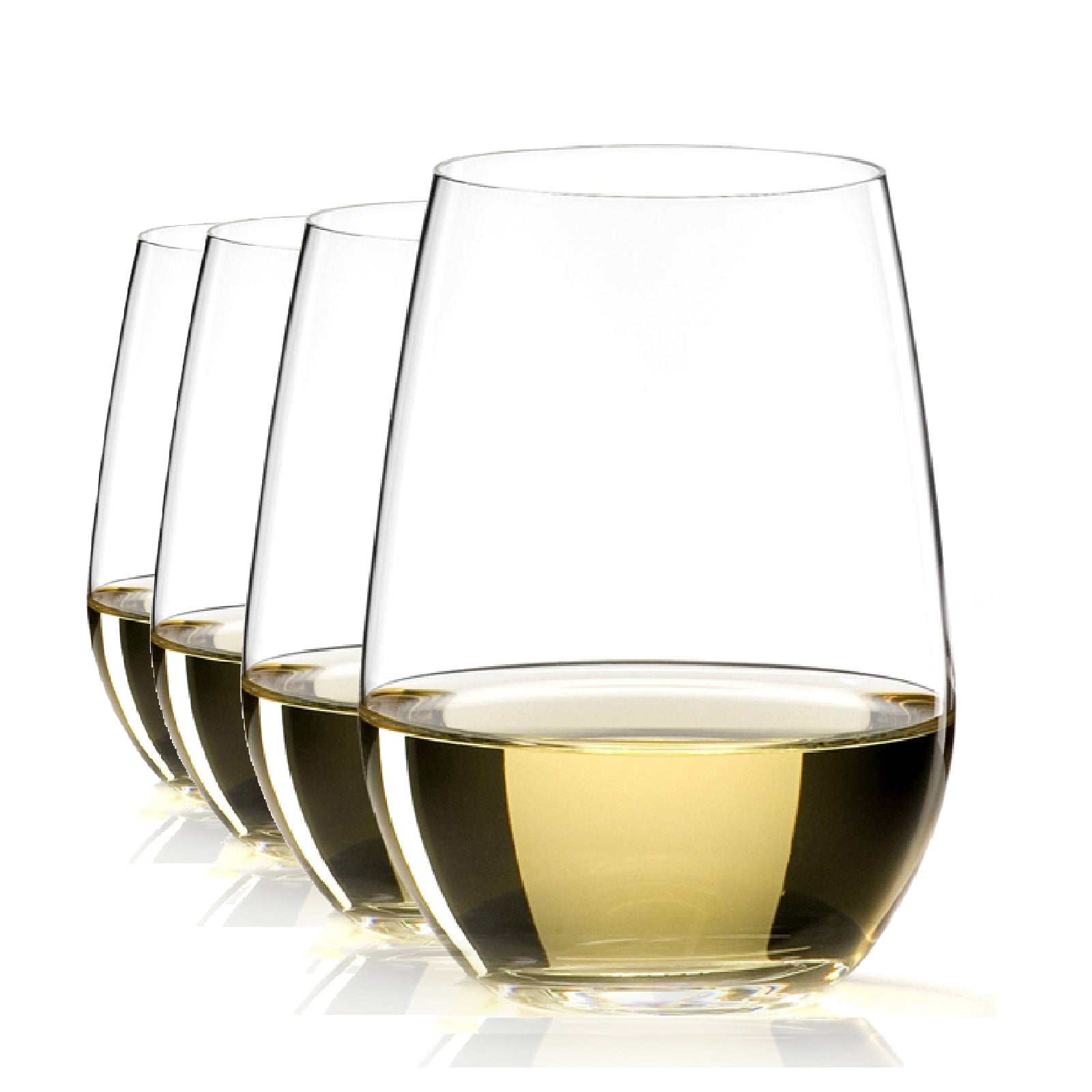 Set of four stemless crystal tumblers by Riedel, shaped to enhance the bright acidity, purity, and aromatics of Riesling and other fragrant white wines. Modern, practical, and ideal for everyday use.