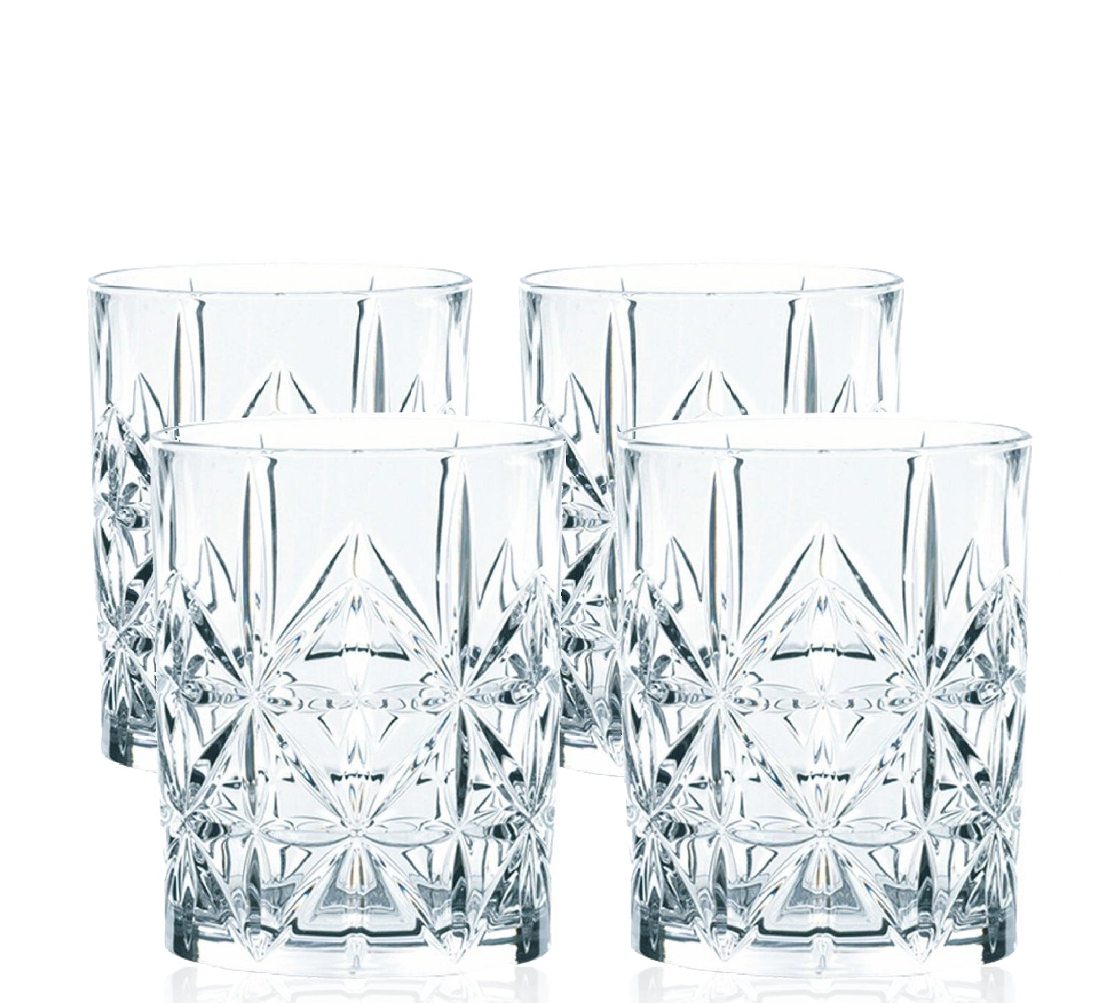 A set of four clear glass tumbler-style drinking glasses with a geometric cut pattern.