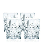 A set of four clear glass tumbler-style drinking glasses with a geometric cut pattern.