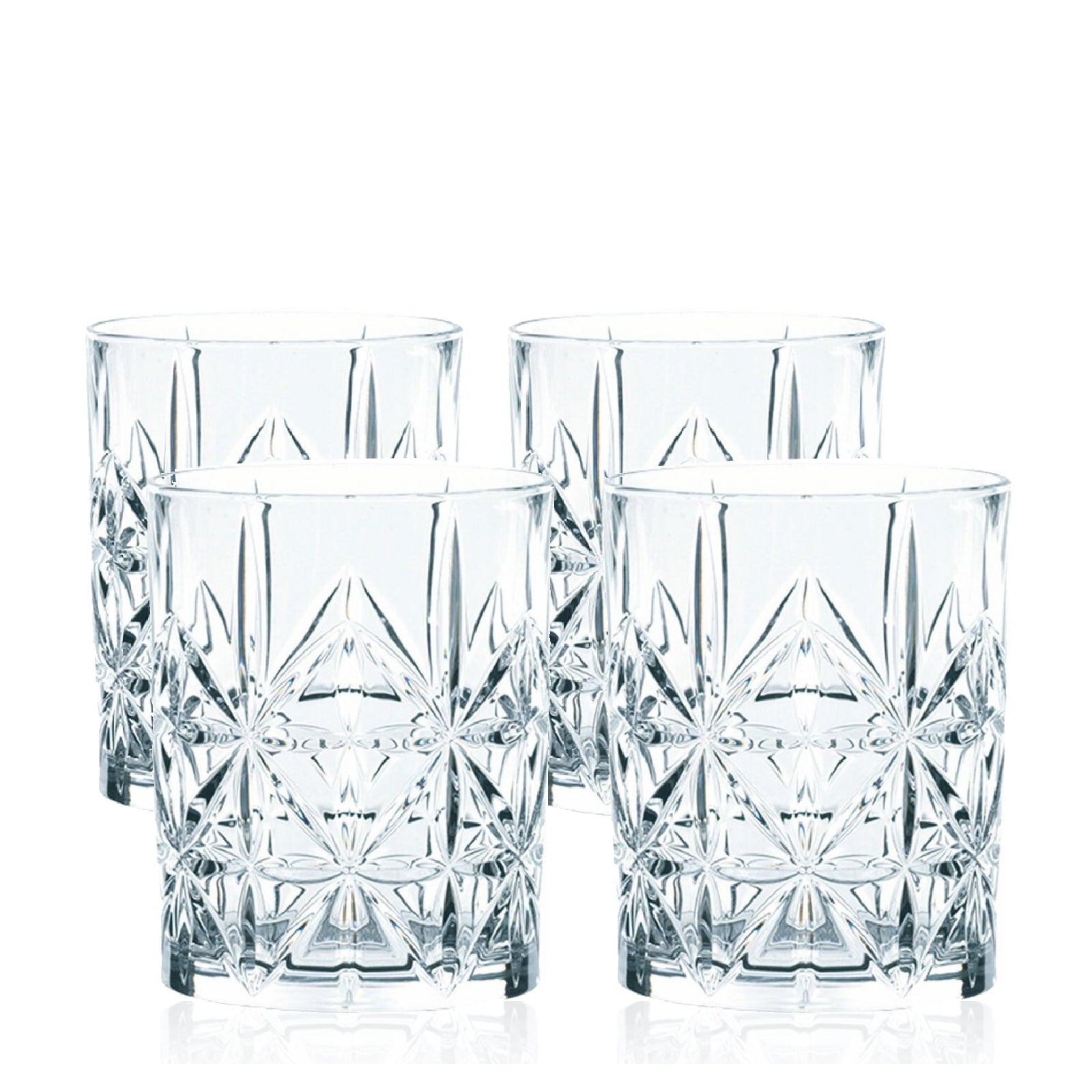 A set of four clear glass tumbler-style drinking glasses with a geometric cut pattern.