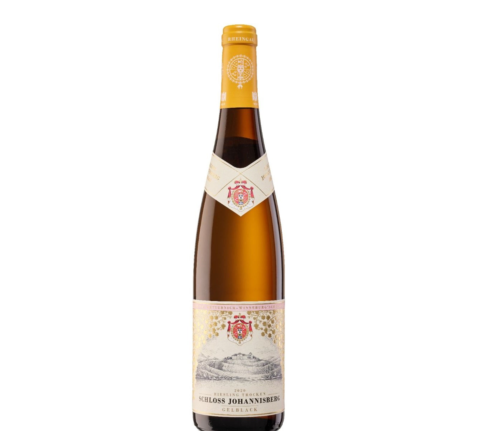 A bottle of Schloss Johannisberg Riesling Rheingau Gelblack Trocken 2020 wine with a yellow label, predominantly white wine color, and a seal at the top.
