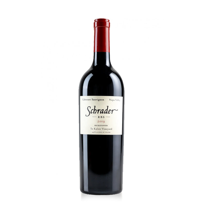 A bottle of Schrader Cellars RBS Cabernet Sauvignon 2019 with a red label and a clear bottle showing the dark colored wine inside.