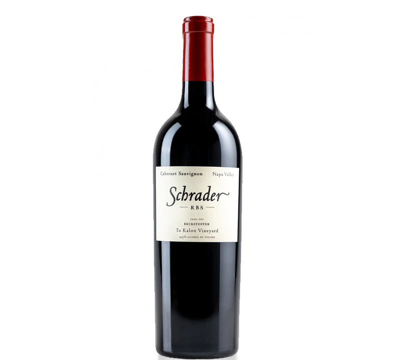 A bottle of Schrader Cellars RBS Cabernet Sauvignon wine with a dark label and red cap, set against a white background.