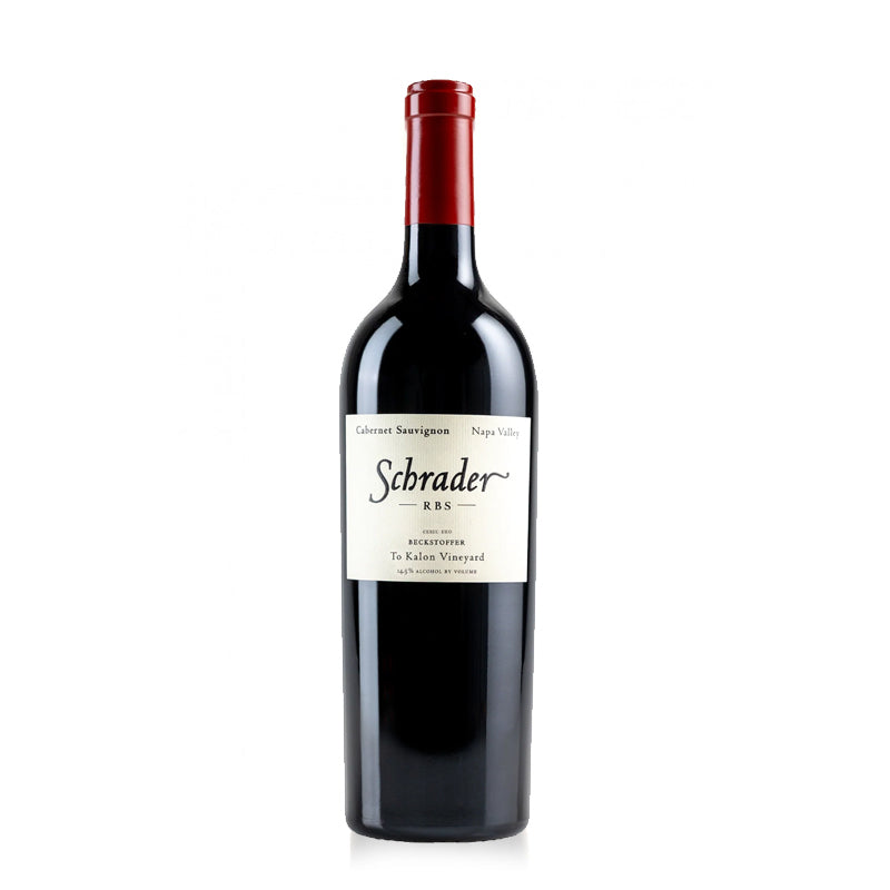A bottle of Schrader Cellars RBS Cabernet Sauvignon wine with a dark label and red cap, set against a white background.