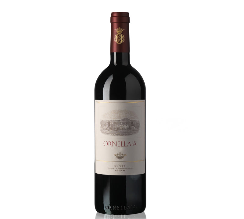 A bottle of Tenuta Dell'Ornellaia Ornellaia Bolgheri Superiore wine with a label and cork visible.