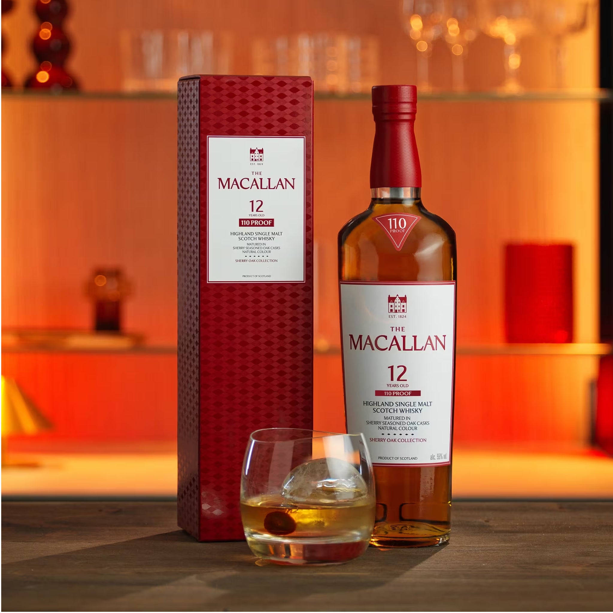 A bottle of The Macallan 110 Proof Single Malt Whisky 12yrs