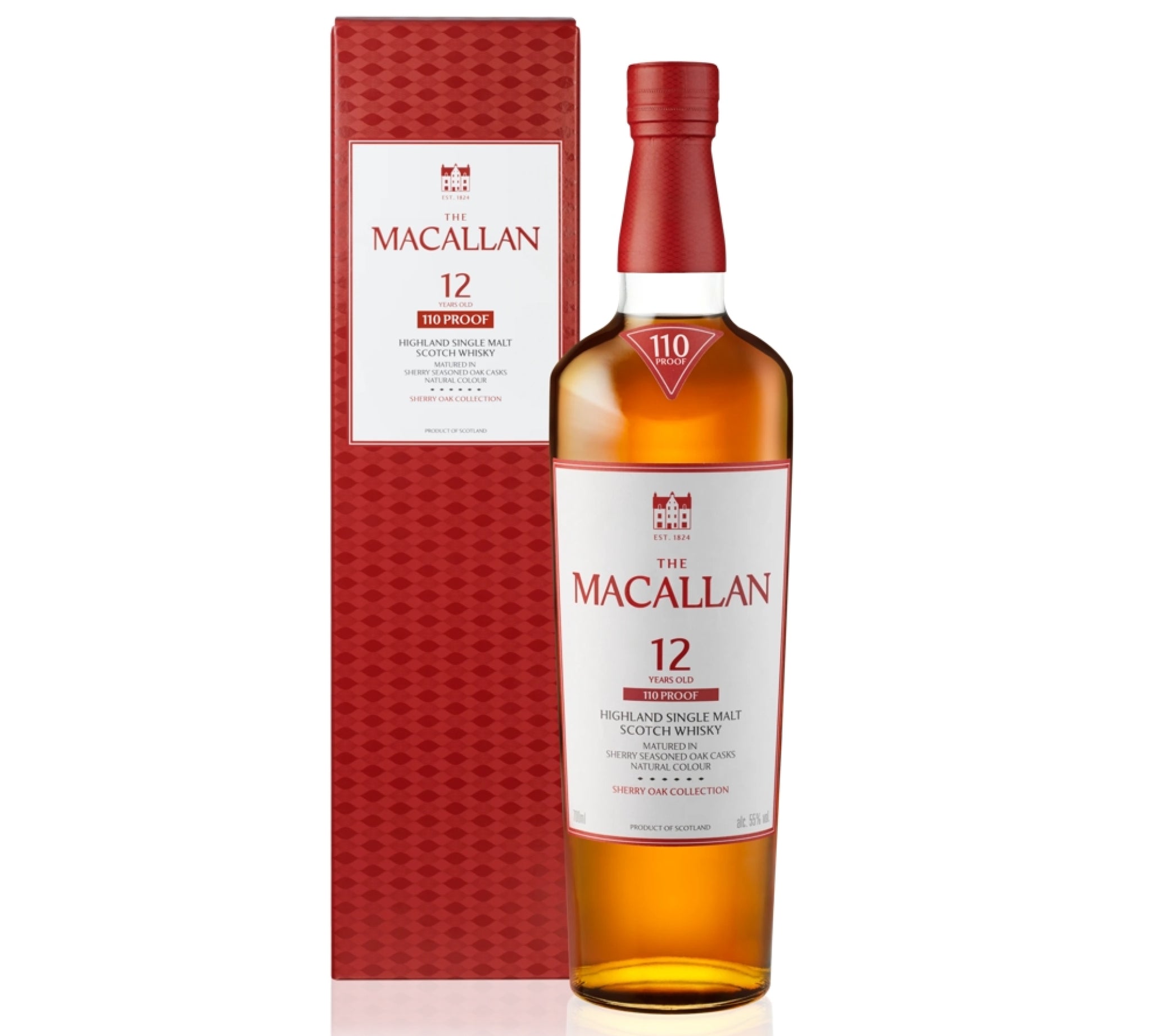 A bottle of The Macallan 110 Proof Sherry Oak Single Malt Whisky 12yrs.