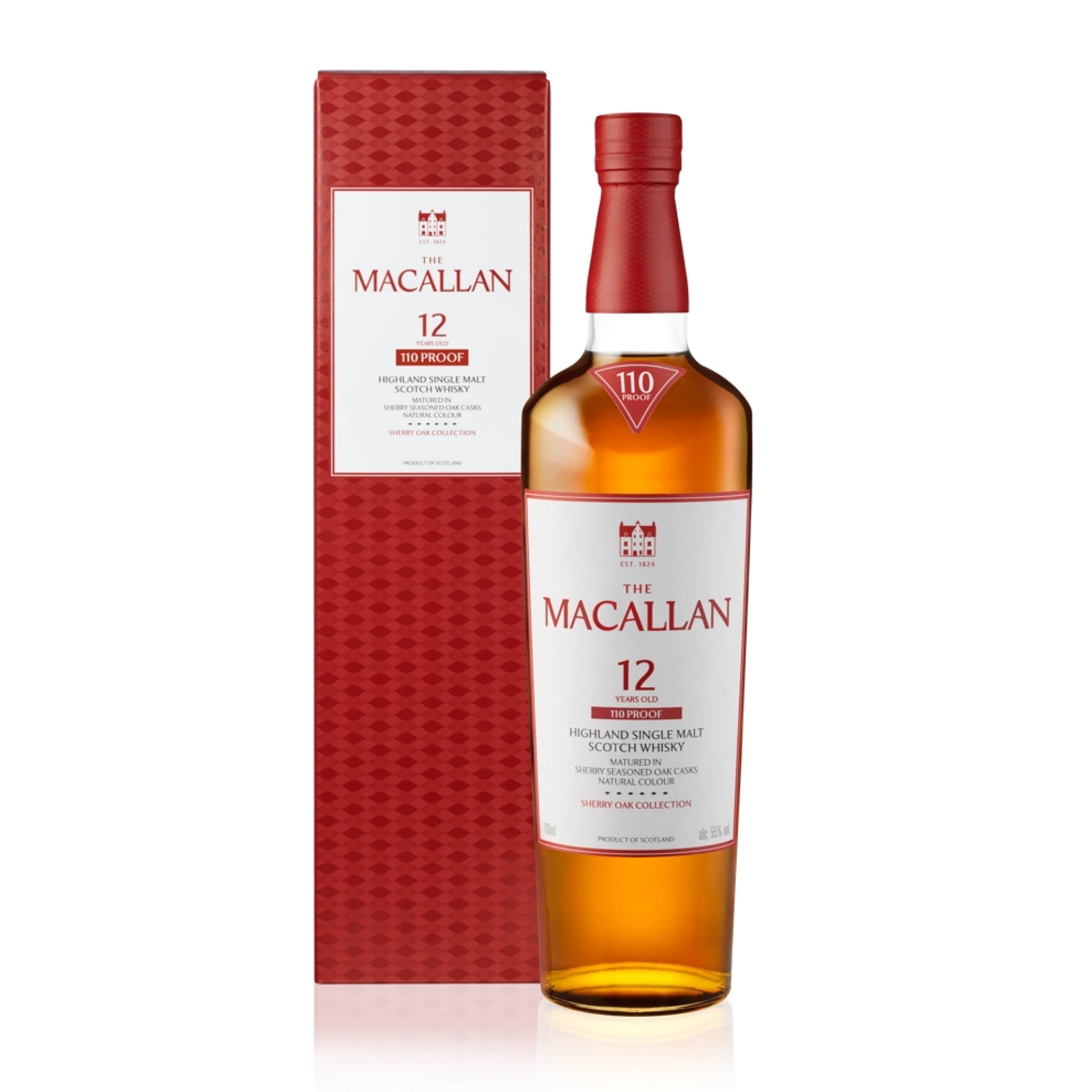 A bottle of The Macallan 110 Proof Sherry Oak Single Malt Whisky 12yrs.