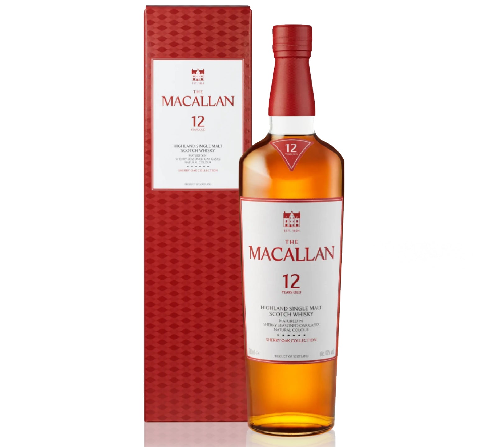 Bottle of Macallan 12 Years Sherry Oak 700ml with dried fruit, vanilla, spice, and oak notes.
