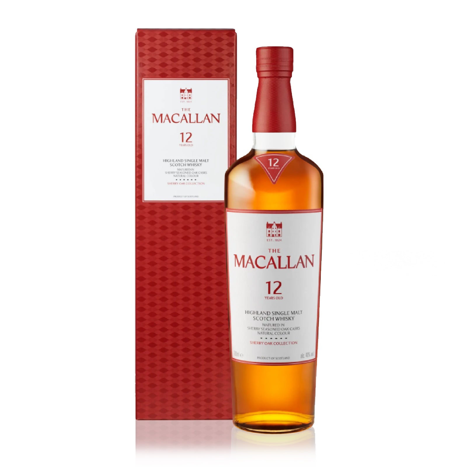 Bottle of Macallan 12 Years Sherry Oak 700ml with dried fruit, vanilla, spice, and oak notes.