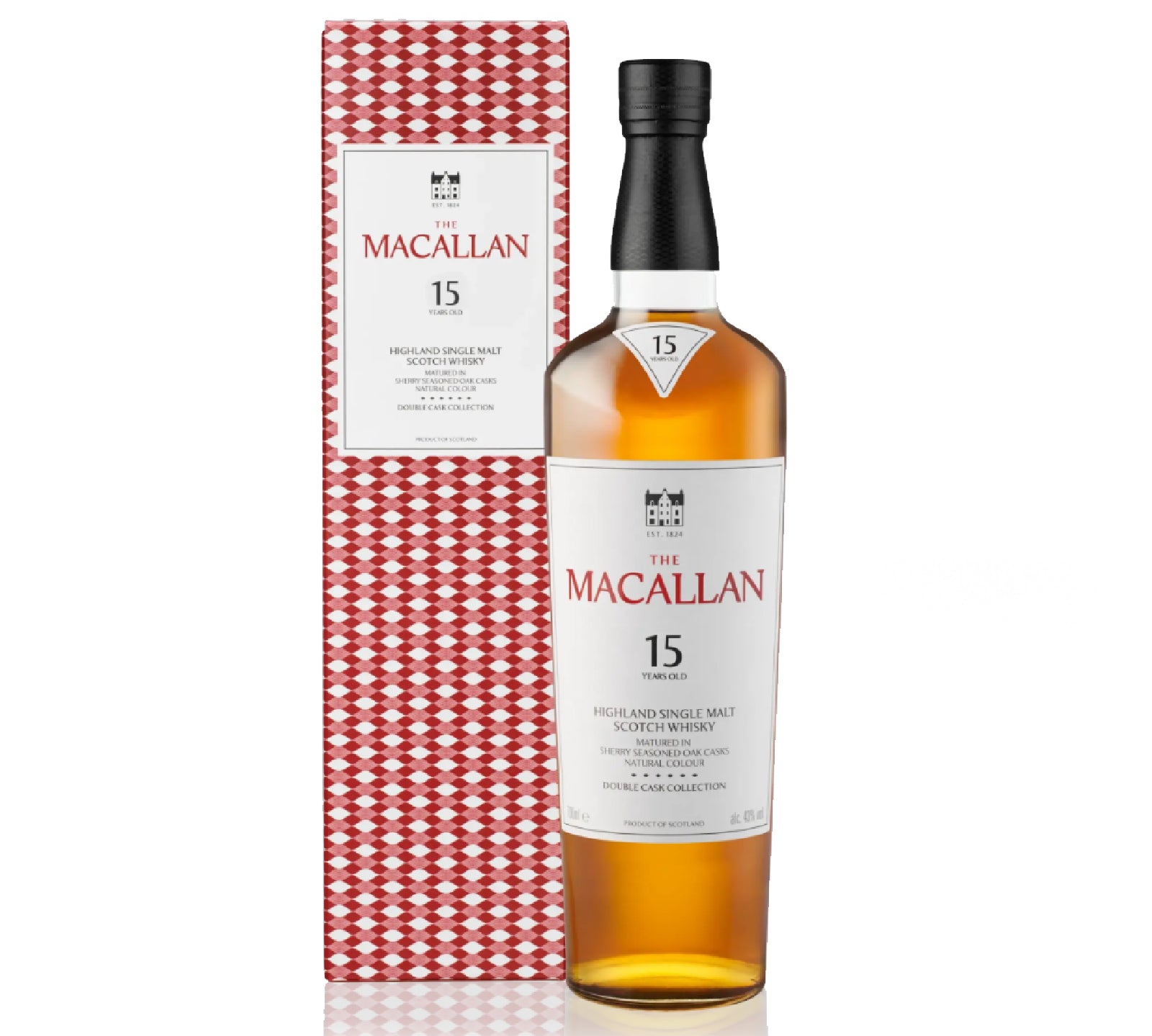 Macallan 15 Years Double Cask is a luxurious single malt Scotch with rich oak, caramel, dried fruit, and subtle spice flavors, delivering a smooth, elegant, and long-lasting finish.