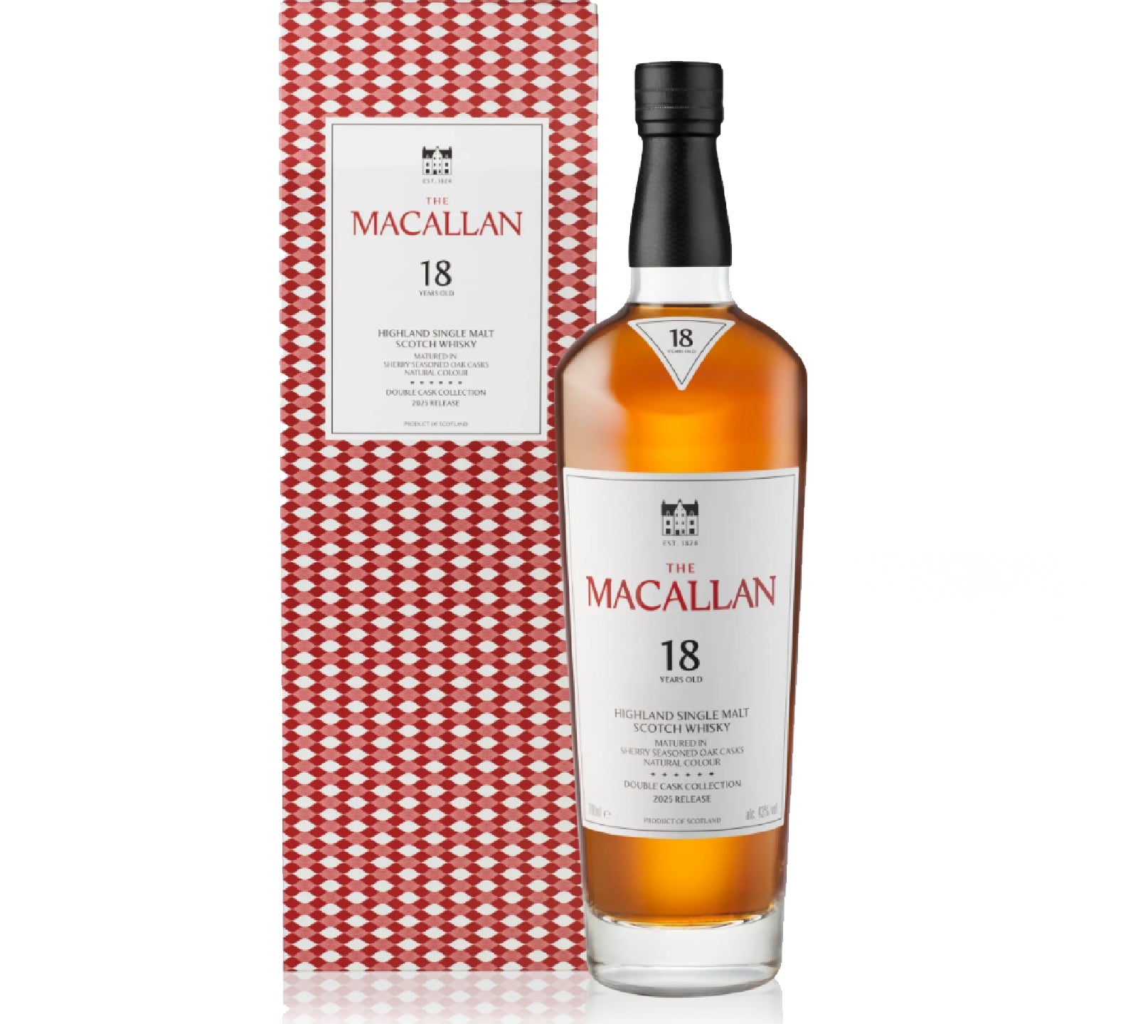 Bottle of Macallan 18 Years Double Cask whisky with oak, caramel, dried fruit, and spice notes.